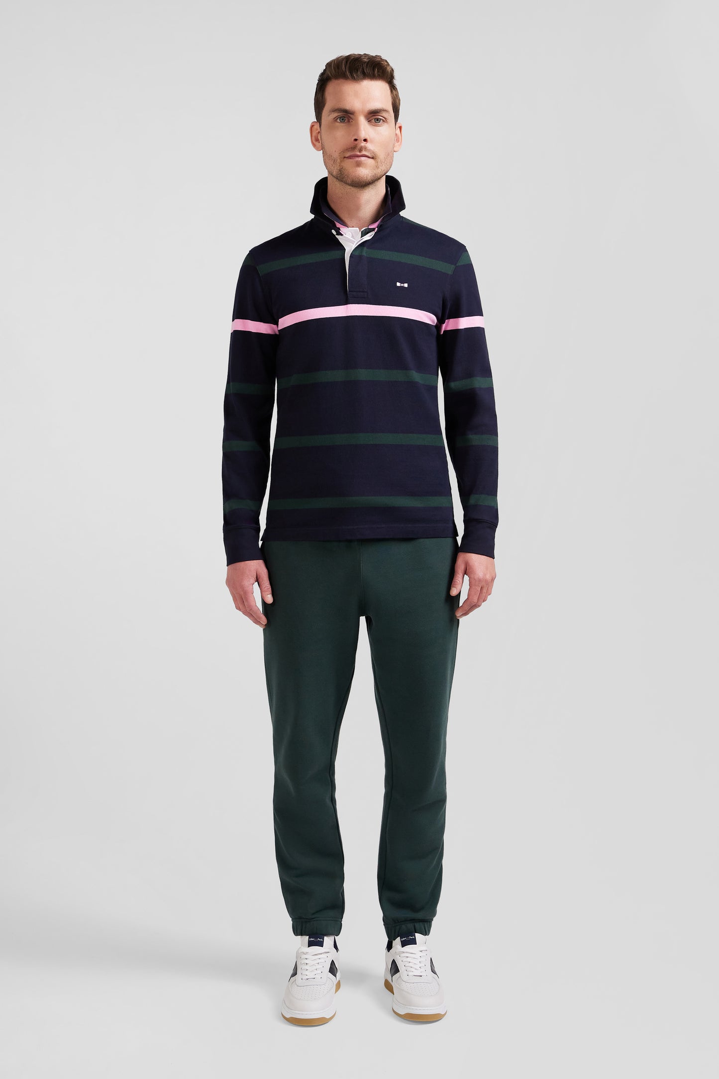 Regular green striped long-sleeved cotton rugby shirt with back embroidery