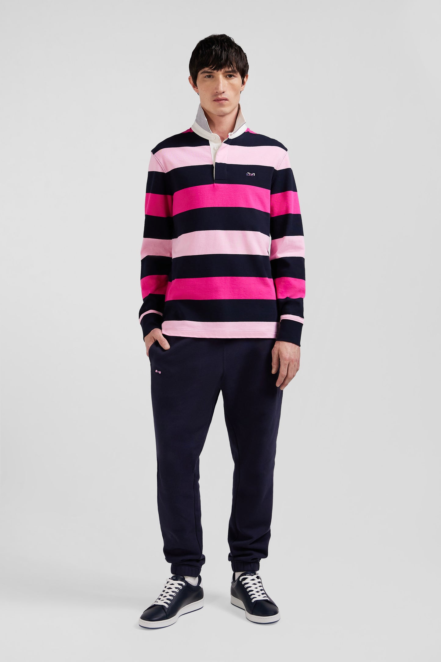 Regular pink striped long-sleeved cotton rugby shirt