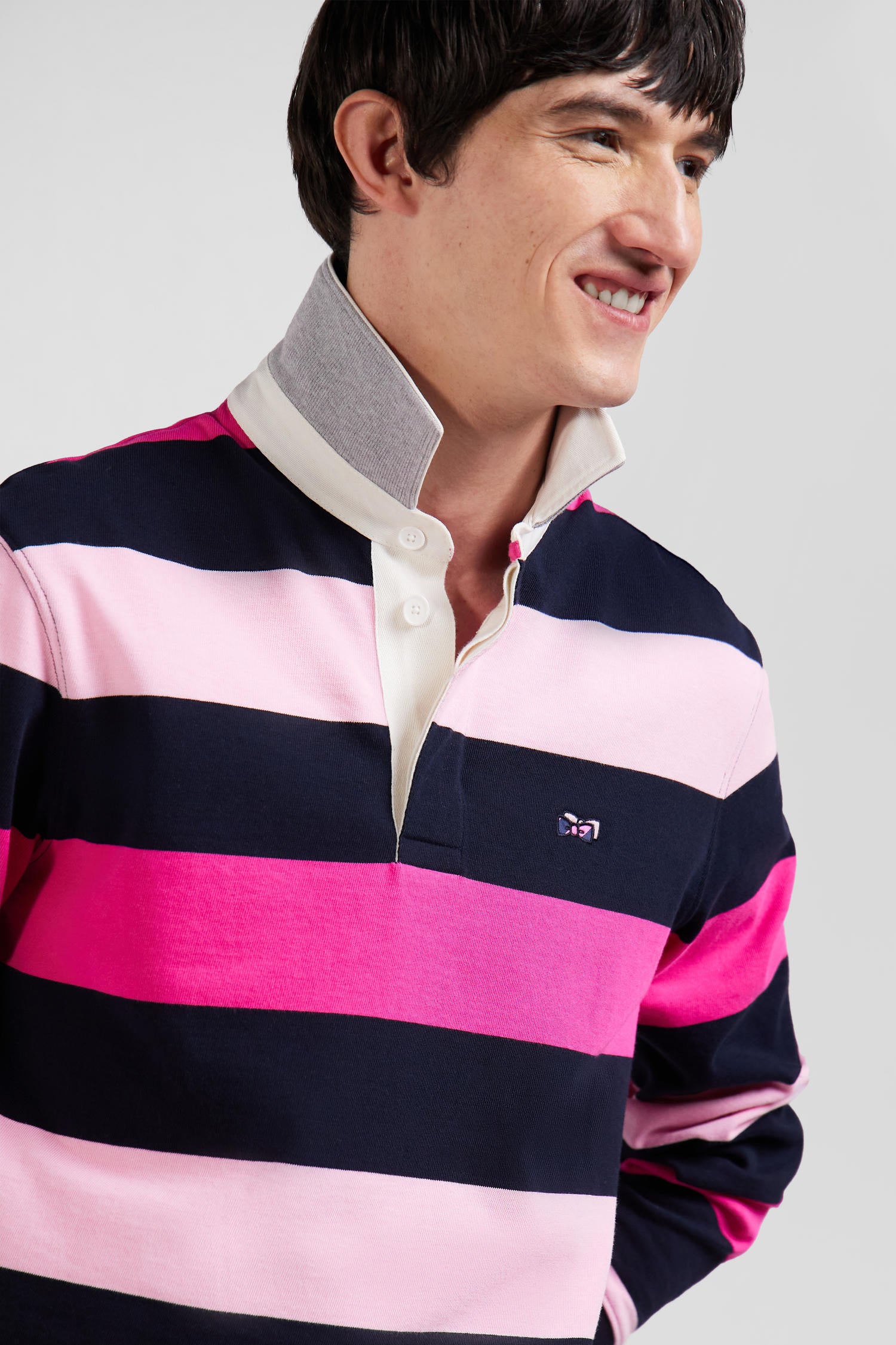 Regular pink striped long-sleeved cotton rugby shirt