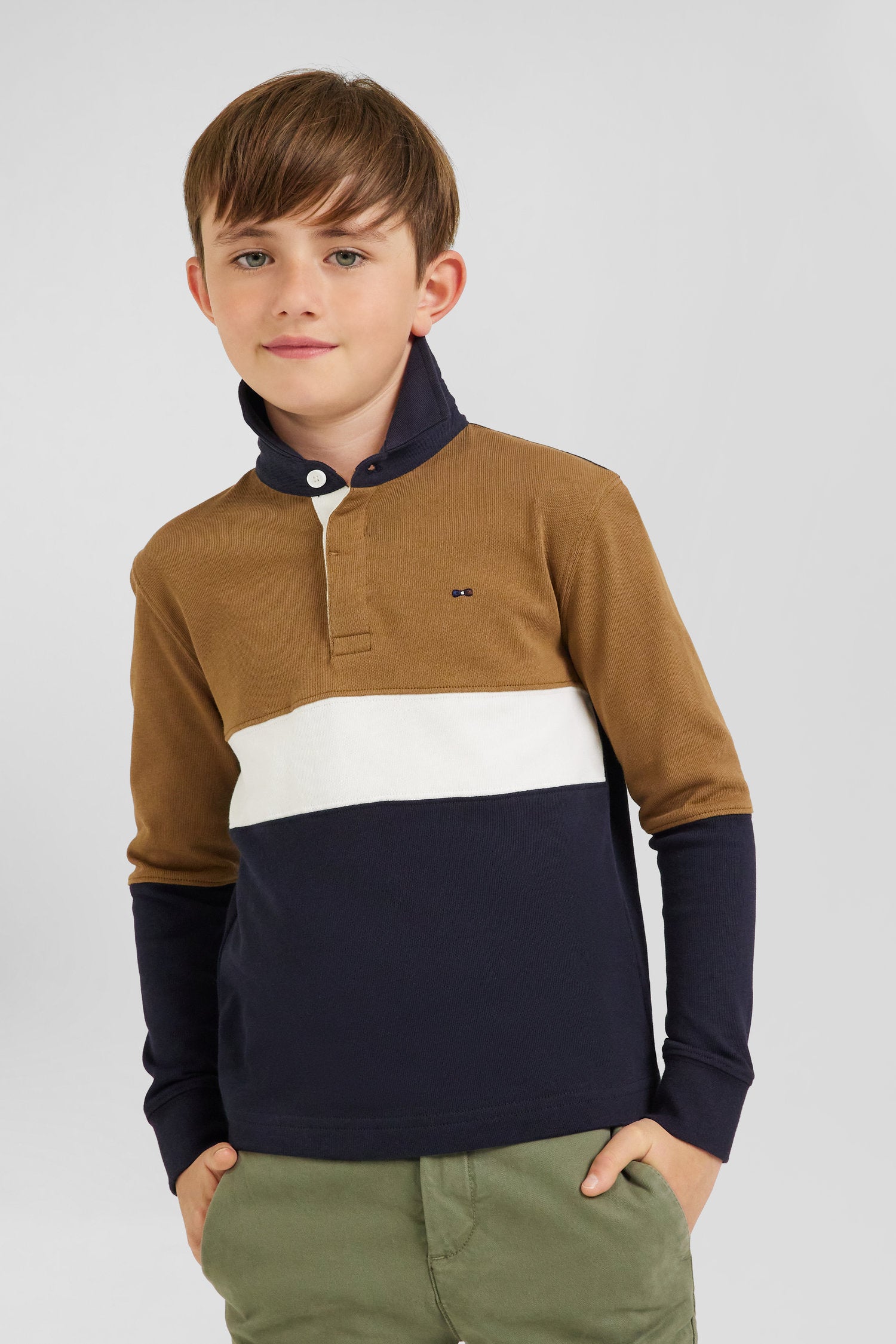 Regular camel tricolour long-sleeved cotton rugby shirt