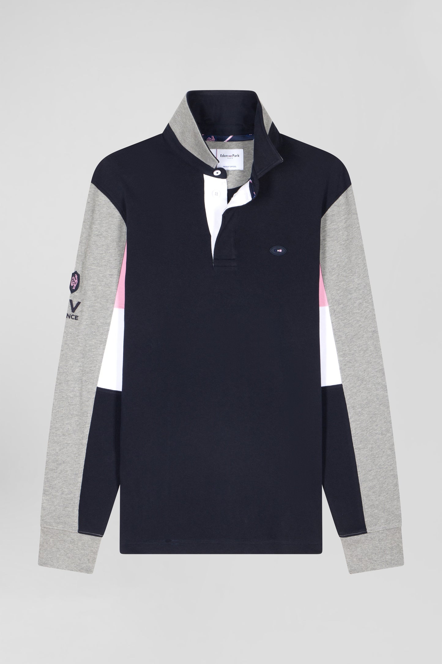 Regular navy blue XV de France long-sleeved cotton rugby shirt