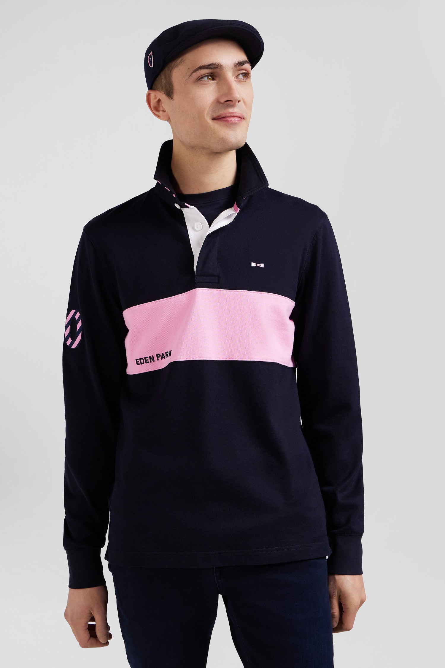 Regular long-sleeved cotton rugby shirt with navy and pink stripes