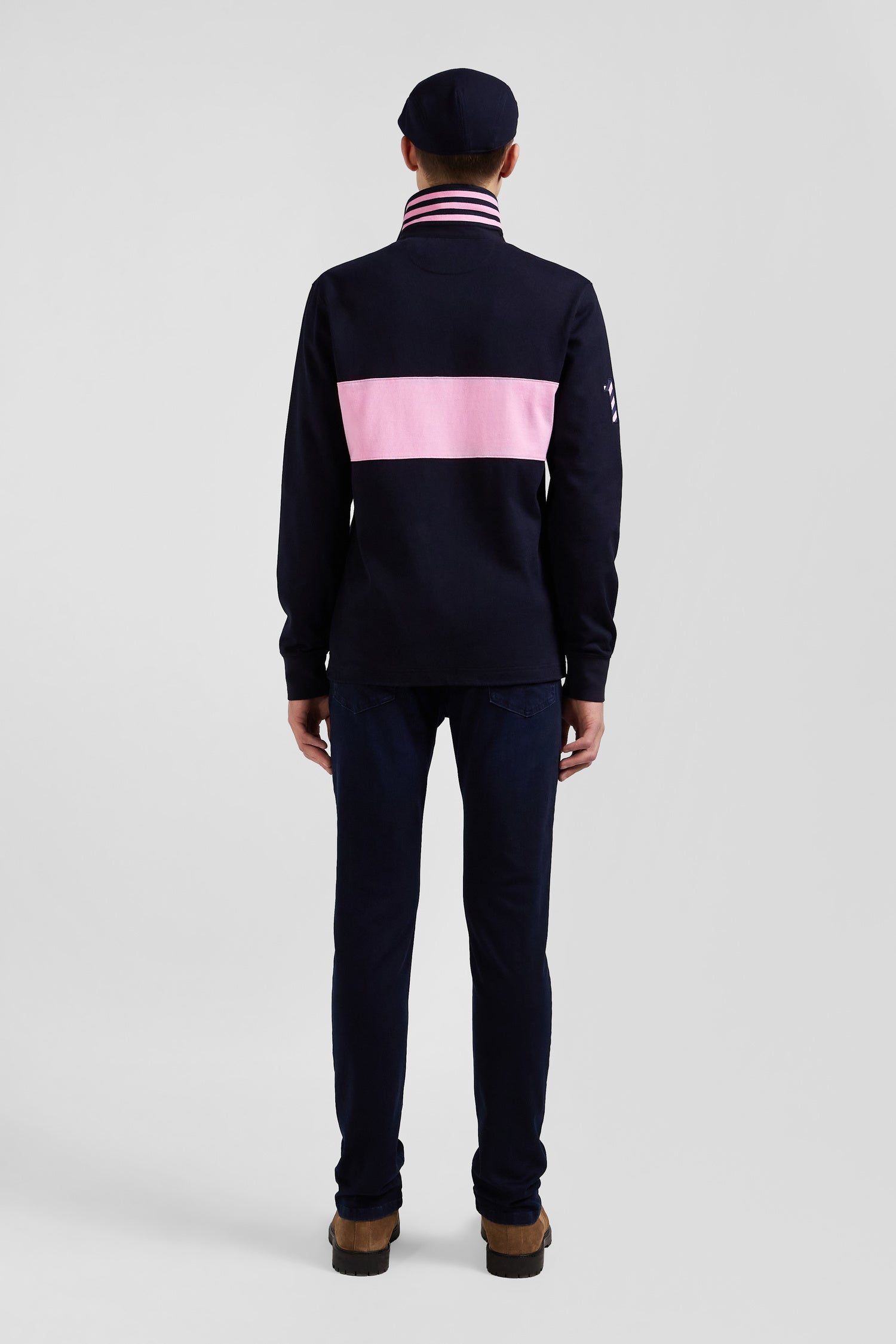 Regular long-sleeved cotton rugby shirt with navy and pink stripes