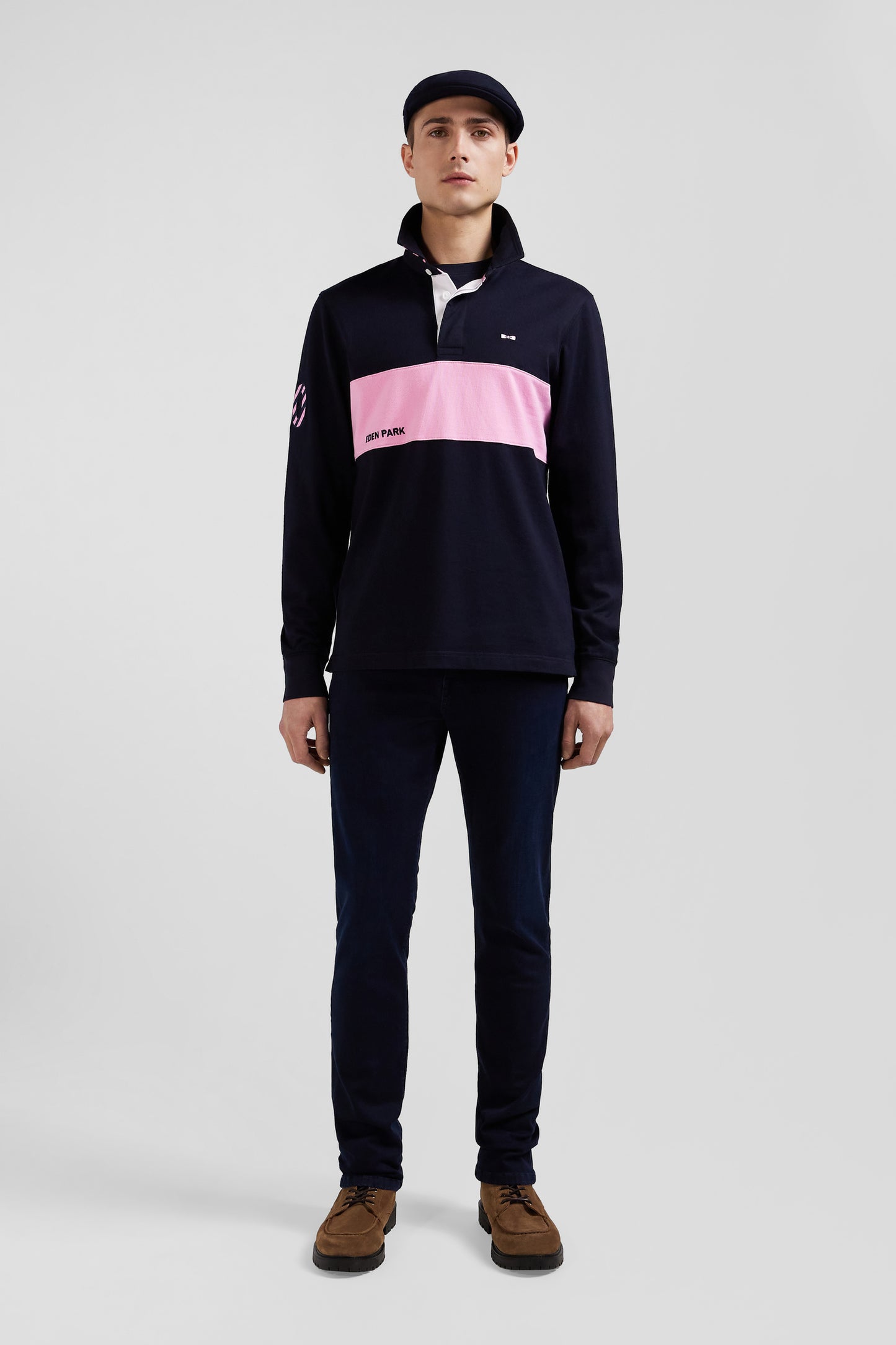 Regular long-sleeved cotton rugby shirt with navy and pink stripes