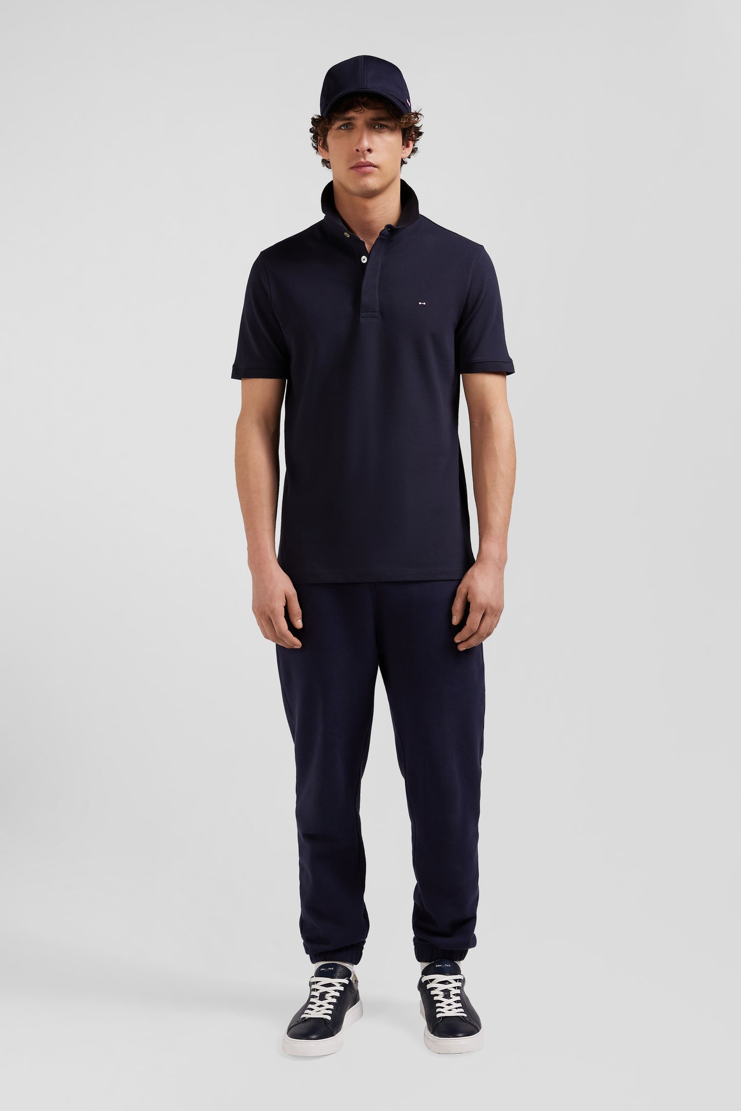 Slim navy blue short-sleeved cotton piqué polo shirt