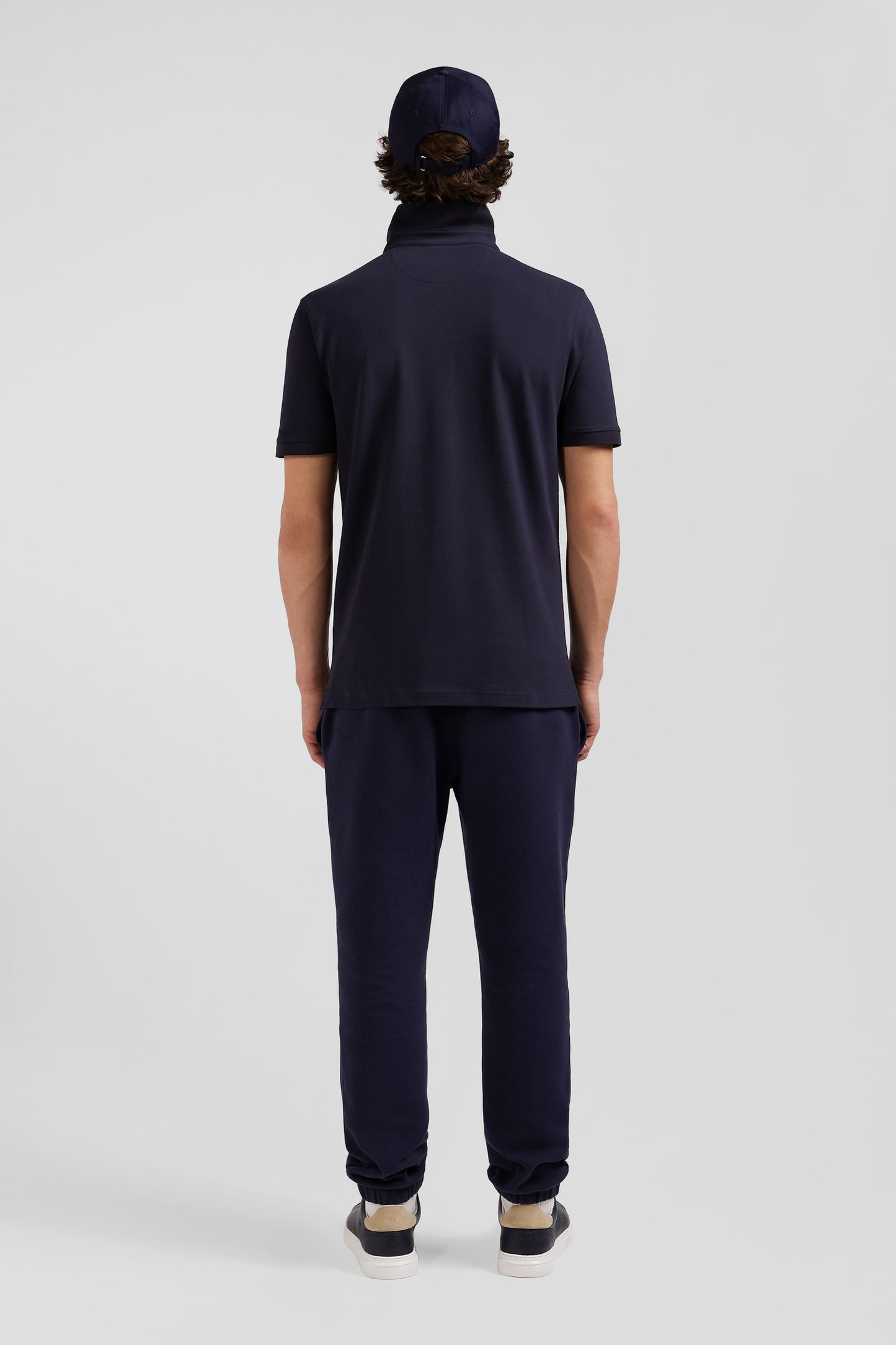 Slim navy blue short-sleeved cotton piqué polo shirt