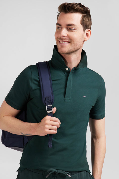 Slim green short-sleeved cotton piqué polo shirt - Image 3