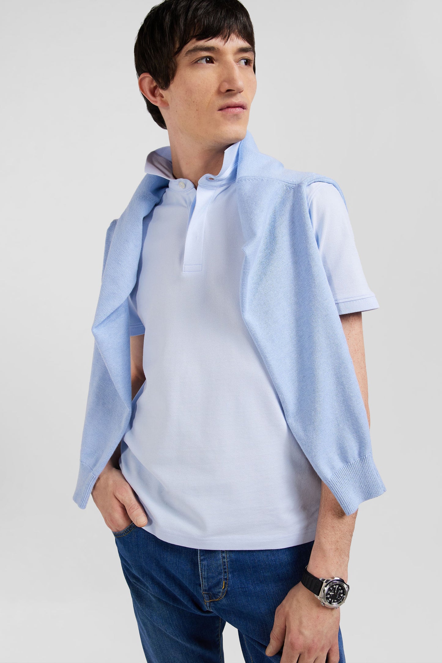 Slim sky blue short-sleeved stretch cotton polo shirt