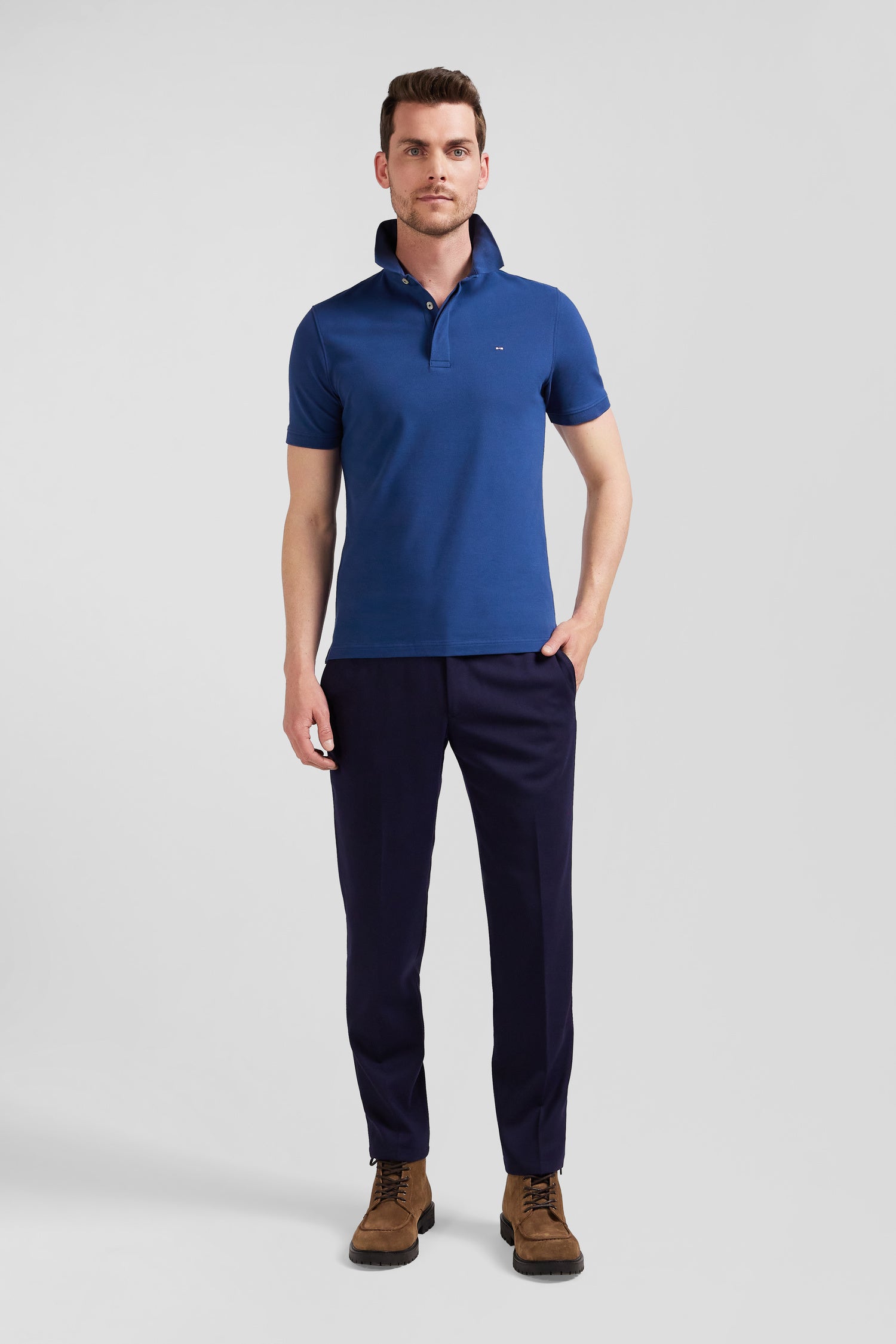 Slim dark blue short-sleeved stretch cotton polo shirt