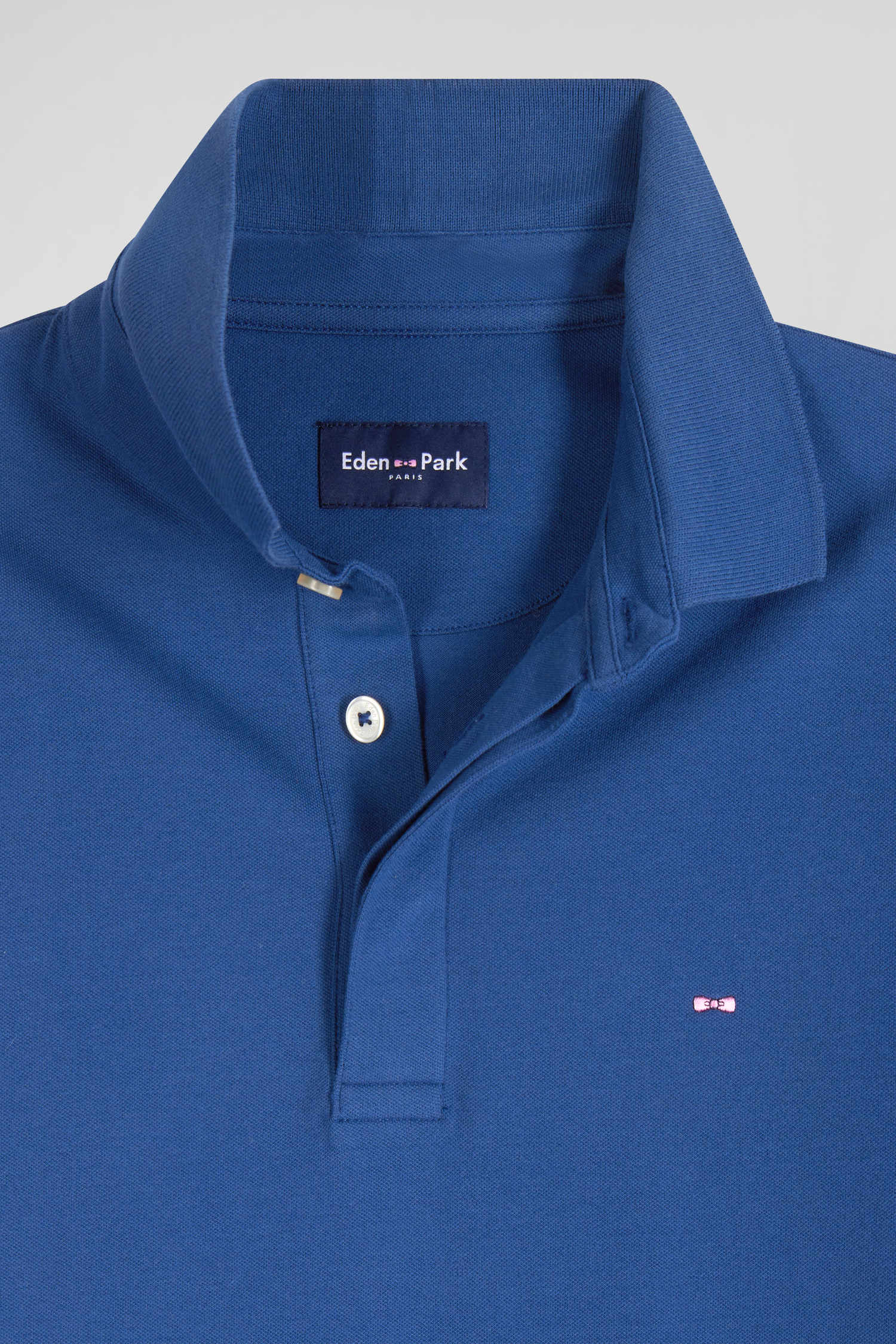 Slim dark blue short-sleeved stretch cotton polo shirt