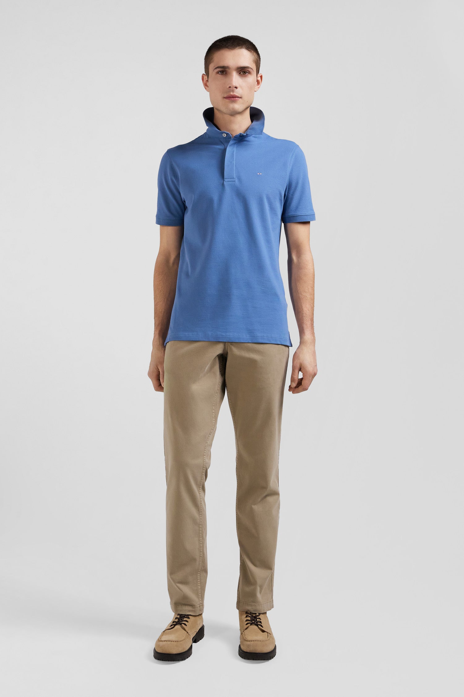 Slim blue short-sleeved stretch cotton polo shirt