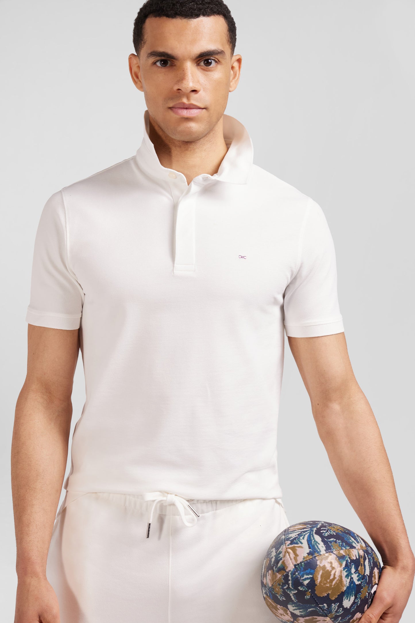 Slim ecru short-sleeved stretch cotton polo shirt