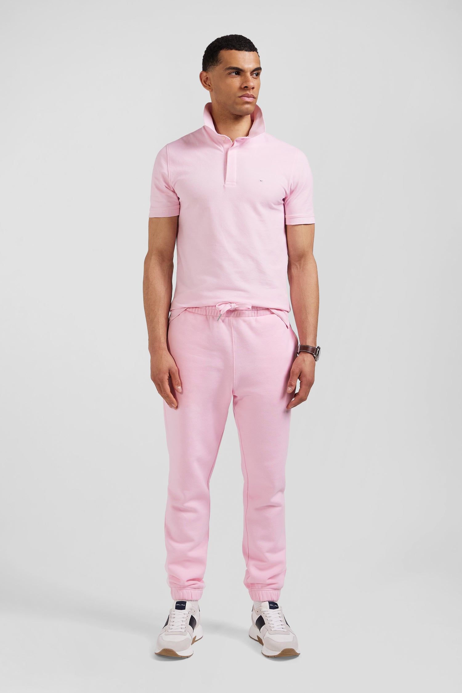 Slim pink short-sleeved stretch cotton polo shirt