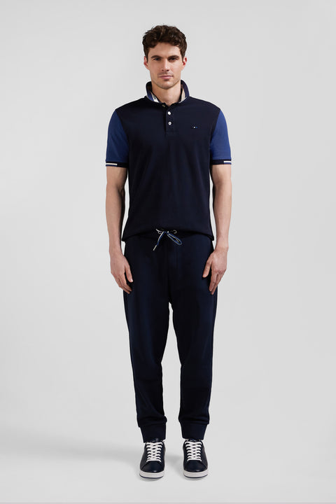 Regular navy blue short-sleeved cotton piqué polo shirt with Eden Park jacquard collar - Image 1