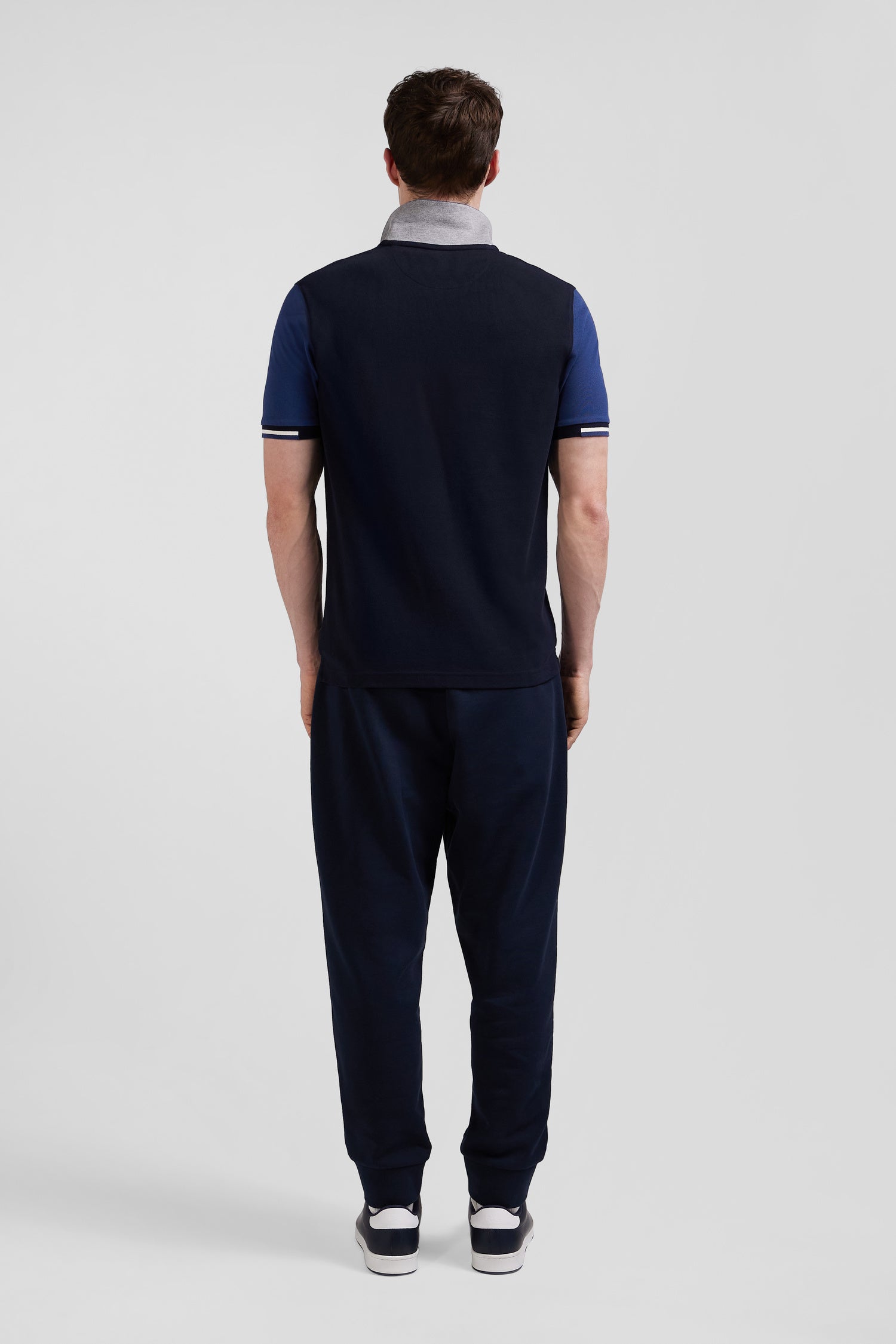 Regular navy blue short-sleeved cotton piqué polo shirt with Eden Park jacquard collar