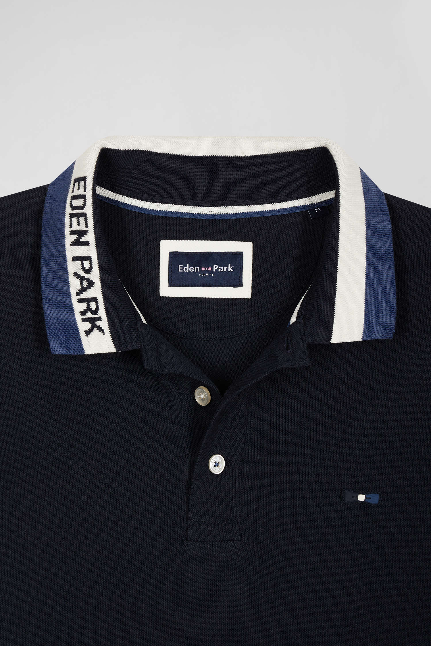 Regular navy blue short-sleeved cotton piqué polo shirt with Eden Park jacquard collar