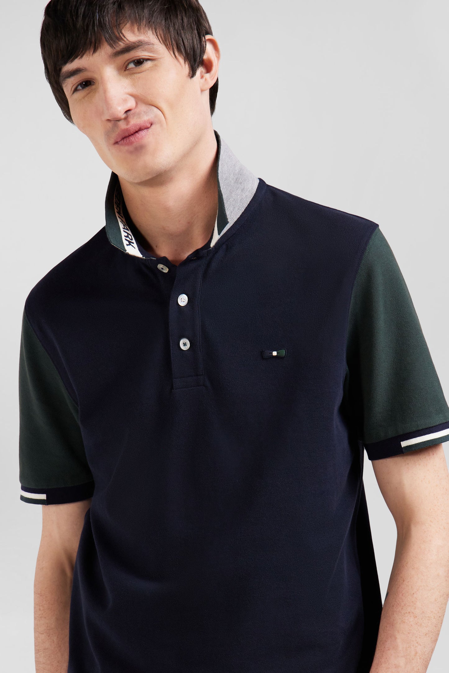 Regular green short-sleeved cotton piqué polo shirt with Eden Park jacquard collar