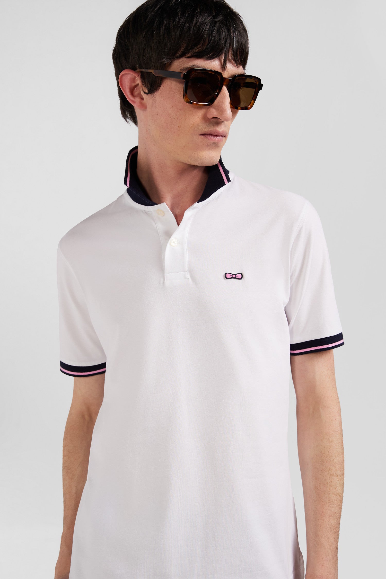 Slim white short-sleeved stretch cotton polo shirt with Eden Park jacquard collar