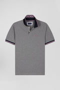 Polo manches courtes en coton stretch gris col jacquard Eden Park coupe Slim