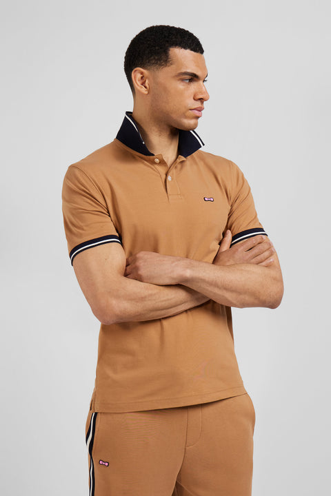 Slim camel short-sleeved stretch cotton polo shirt with Eden Park jacquard collar - Image 3