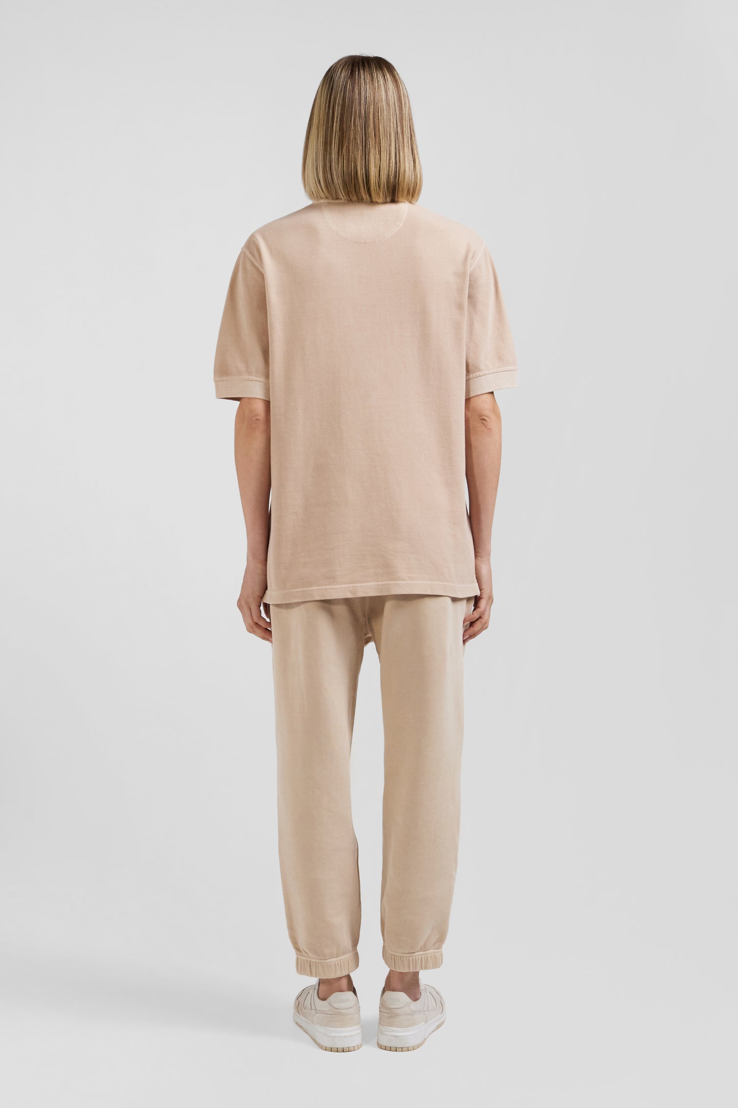 Oversized beige unisex short-sleeved cotton piqué polo shirt