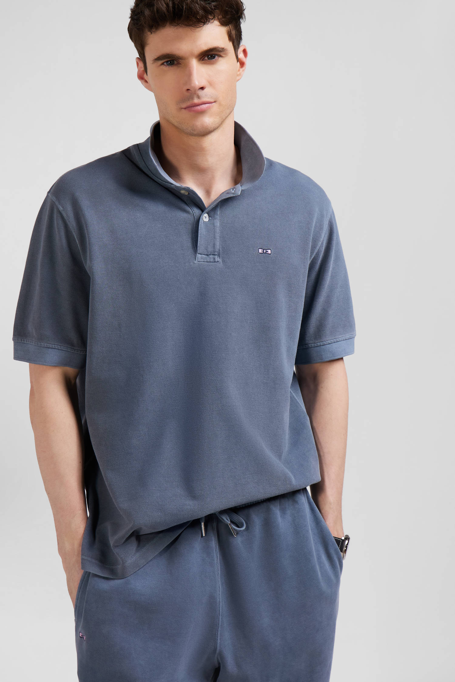 Oversized grey unisex short-sleeved cotton piqué polo shirt