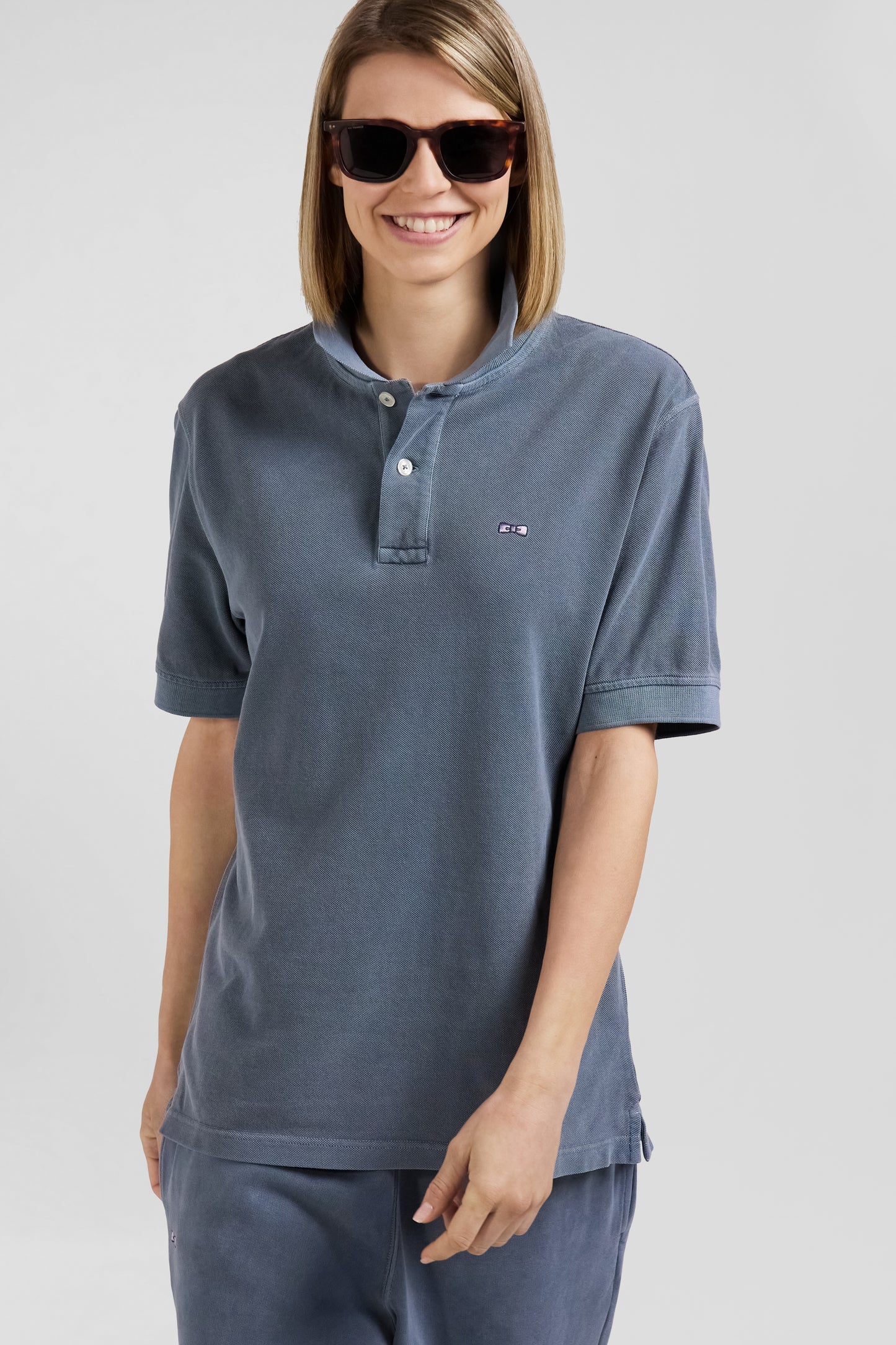 Oversized grey unisex short-sleeved cotton piqué polo shirt