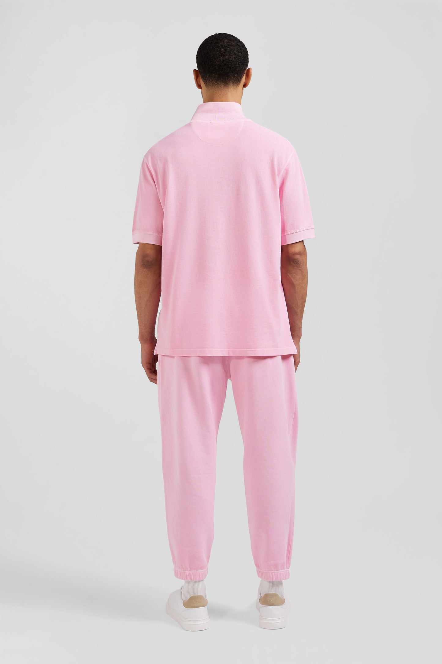 Oversized pink unisex short-sleeved cotton piqué polo shirt