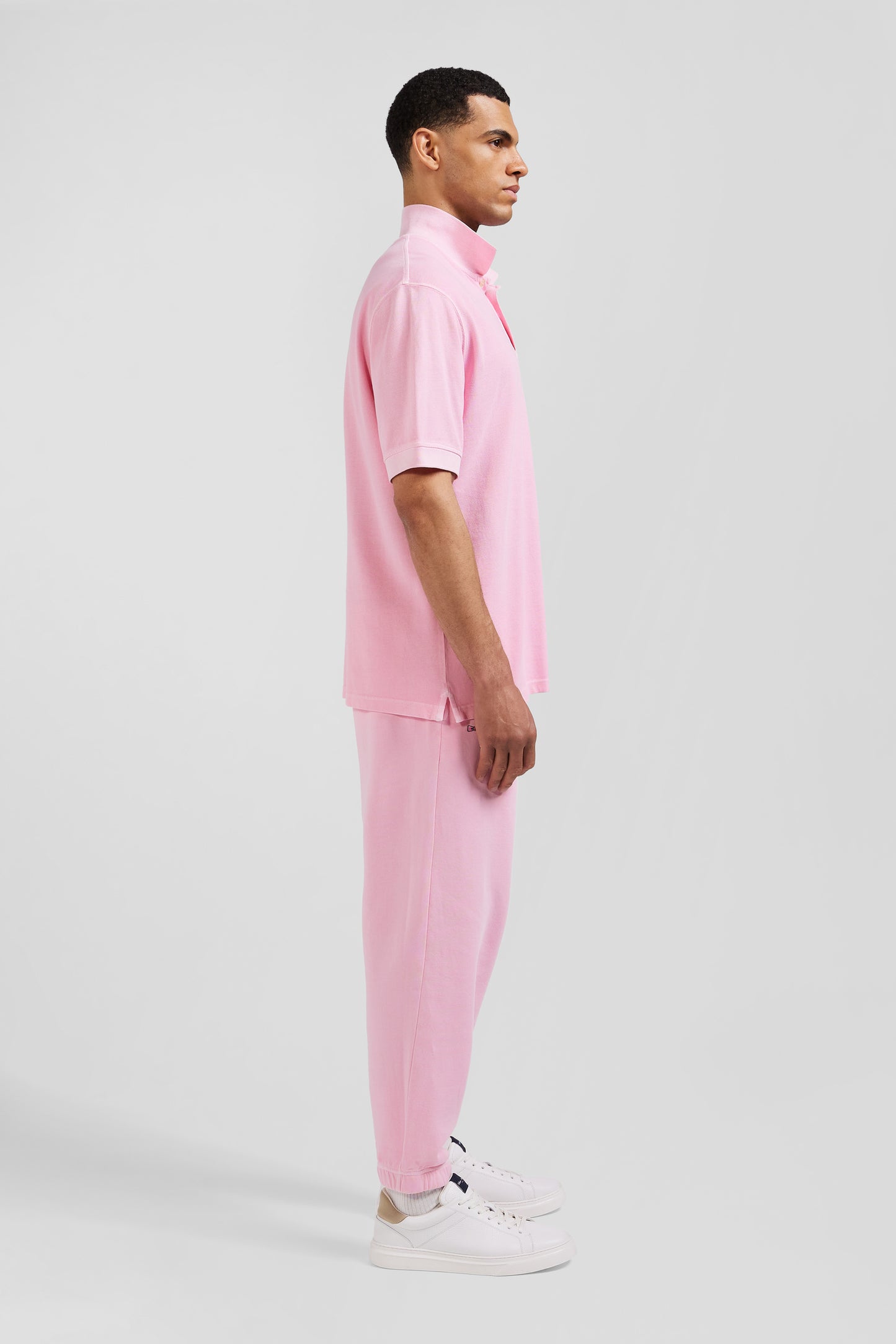 Oversized pink unisex short-sleeved cotton piqué polo shirt