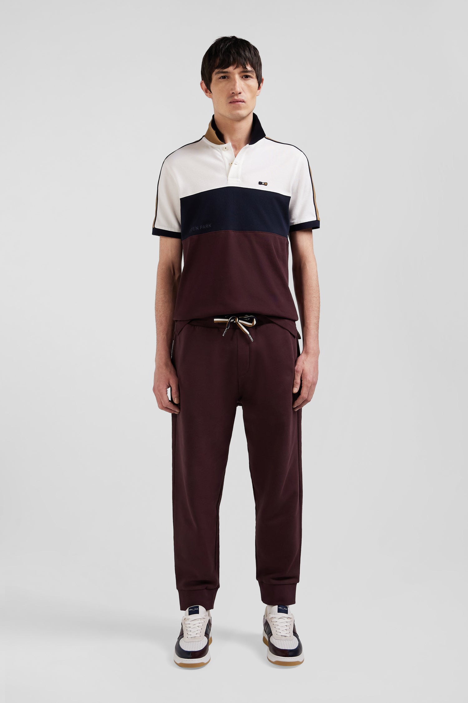 Regular burgundy tricolor short-sleeved cotton piqué polo shirt with Eden Park lettering