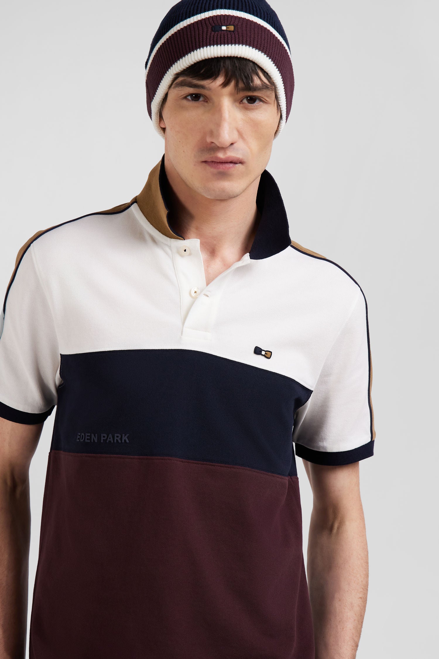 Regular burgundy tricolor short-sleeved cotton piqué polo shirt with Eden Park lettering