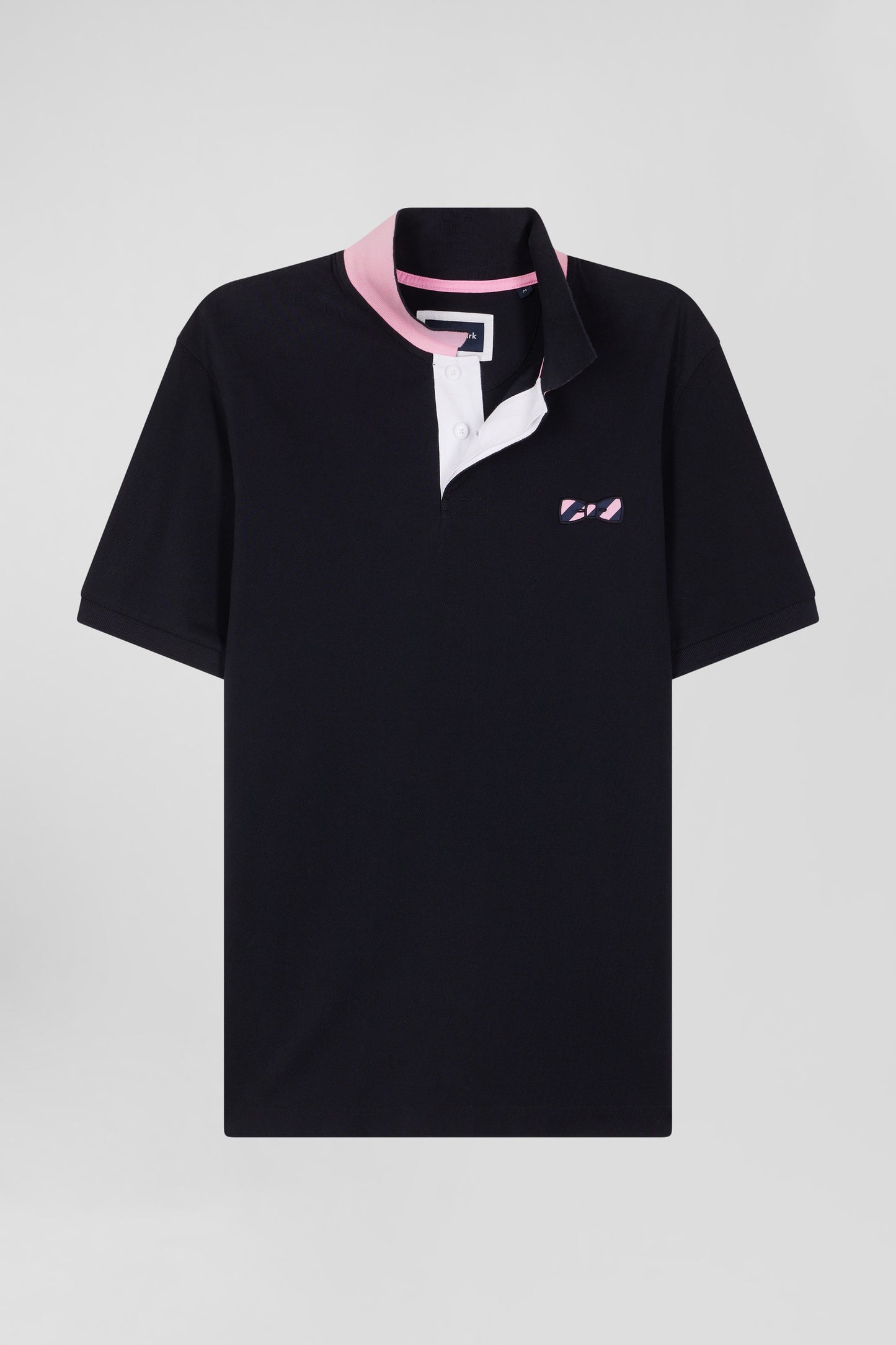 Regular navy blue short-sleeved cotton piqué polo shirt with striped embroidery