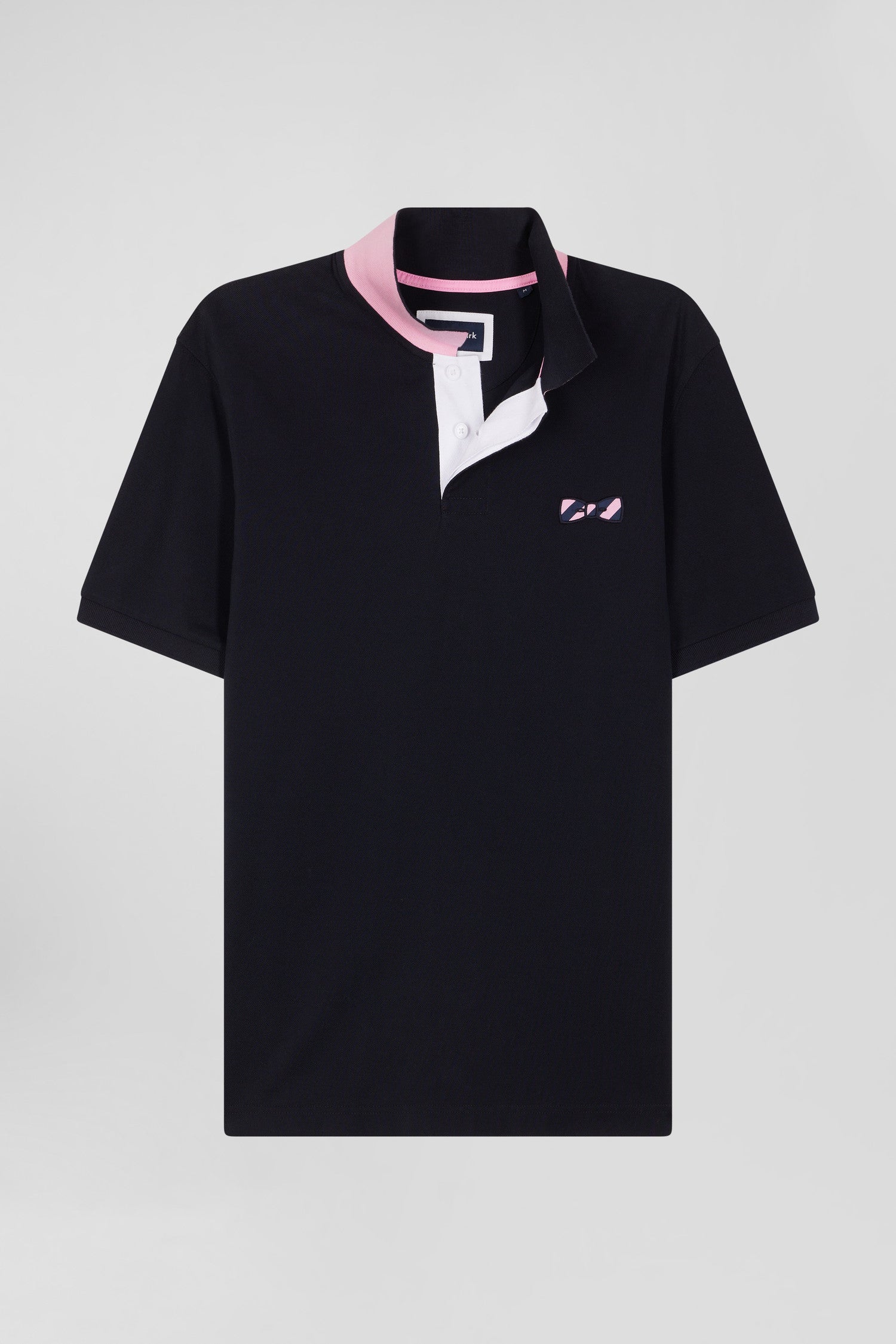 Regular navy blue short-sleeved cotton piqué polo shirt with striped embroidery