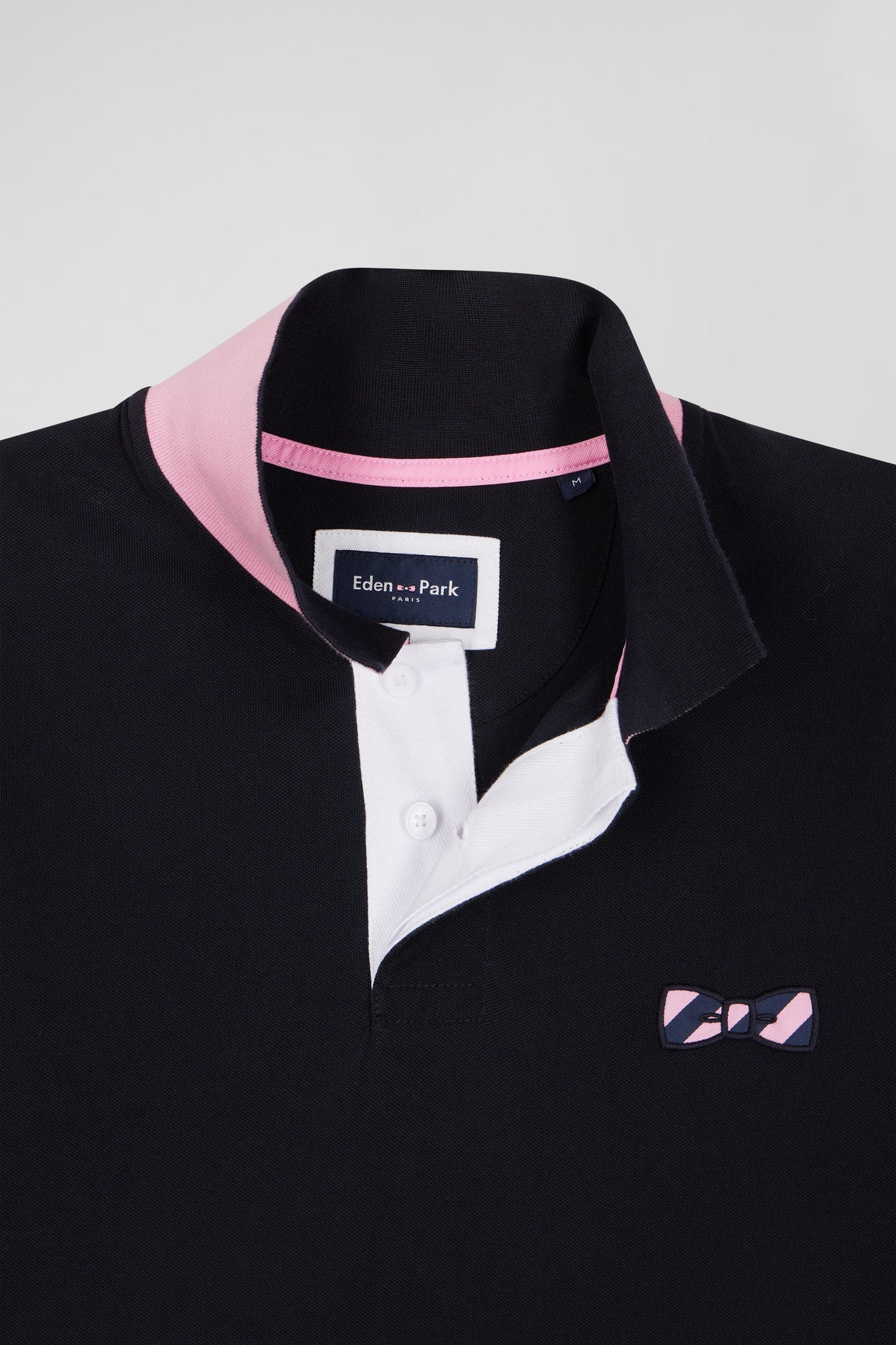 Regular navy blue short-sleeved cotton piqué polo shirt with striped embroidery