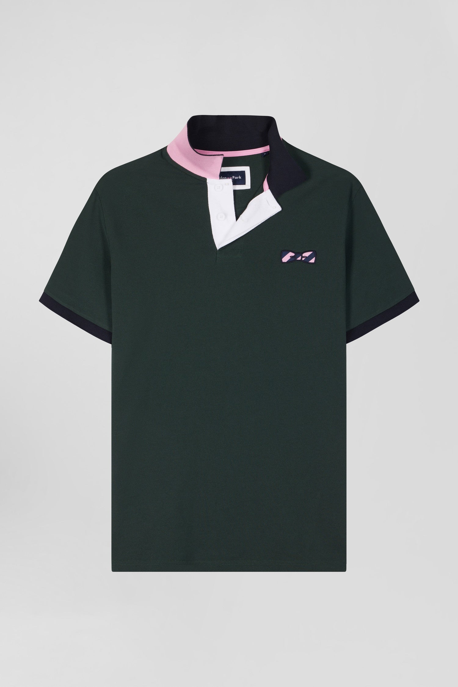 Regular green short-sleeved cotton piqué polo shirt with striped embroidery