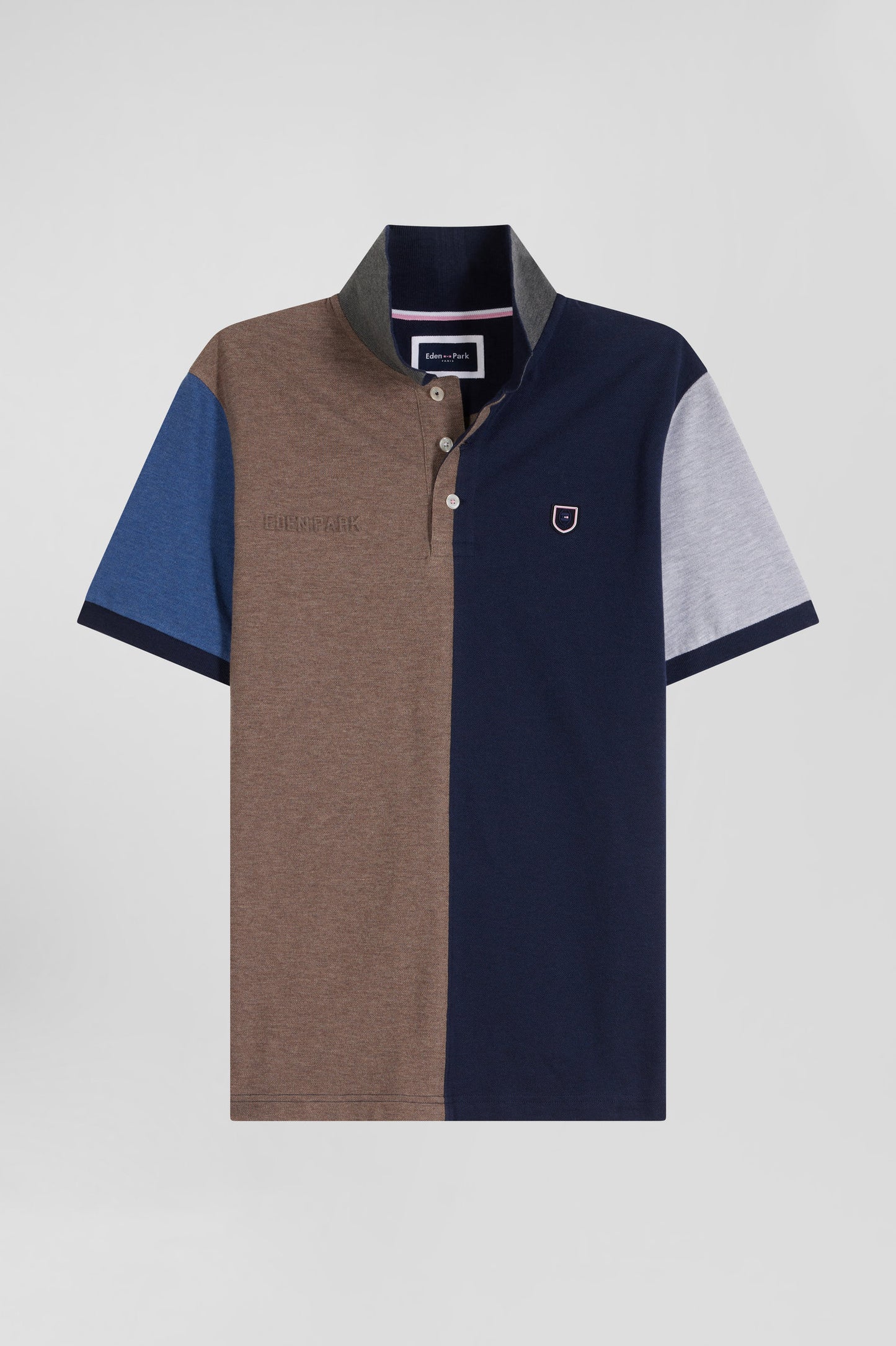 Regular navy blue colorblock short-sleeved cotton piqué polo shirt