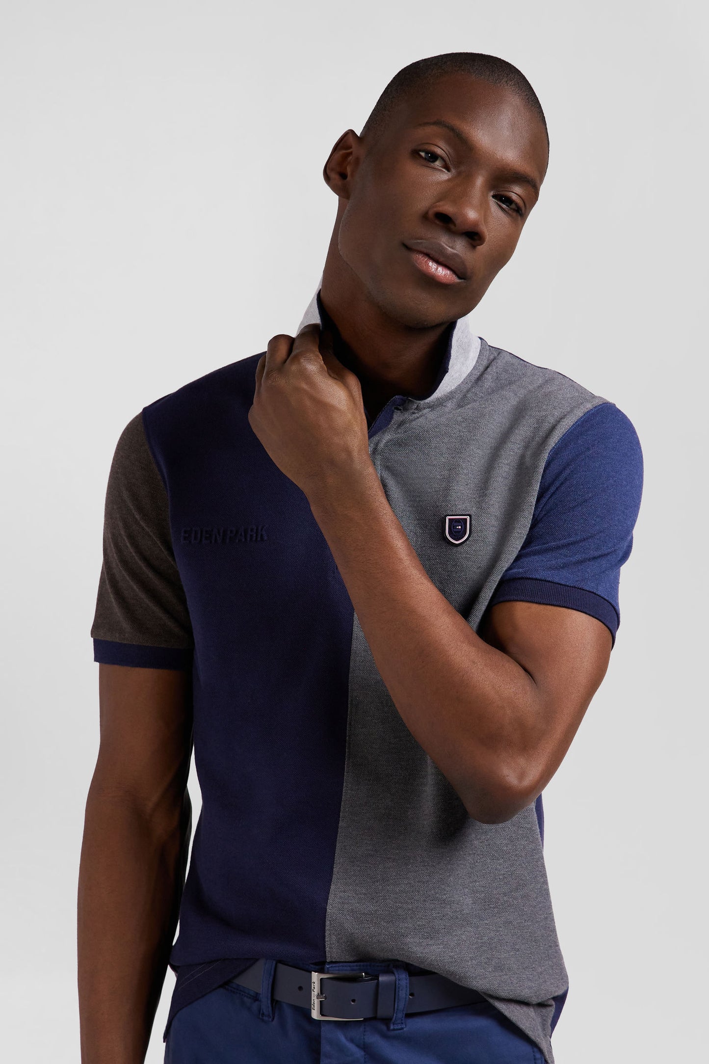 Regular grey colorblock short-sleeved cotton piqué polo shirt