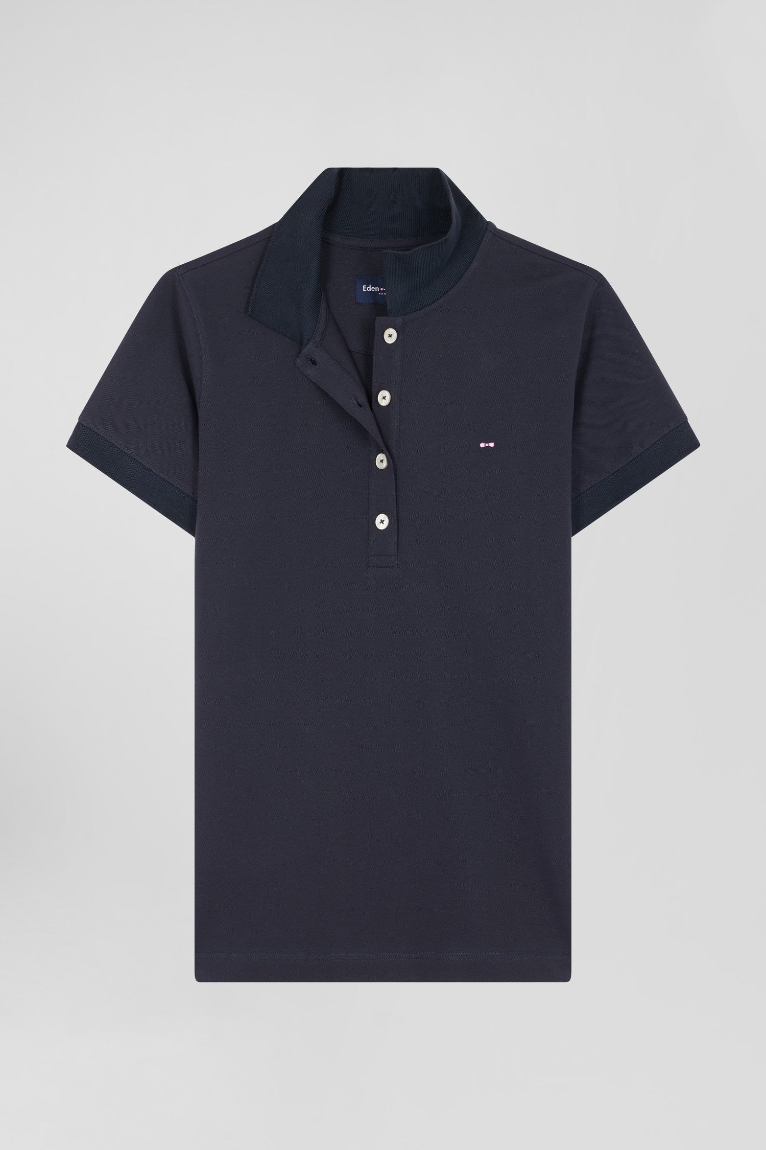 Slim navy blue plain stretch cotton short-sleeved polo shirt