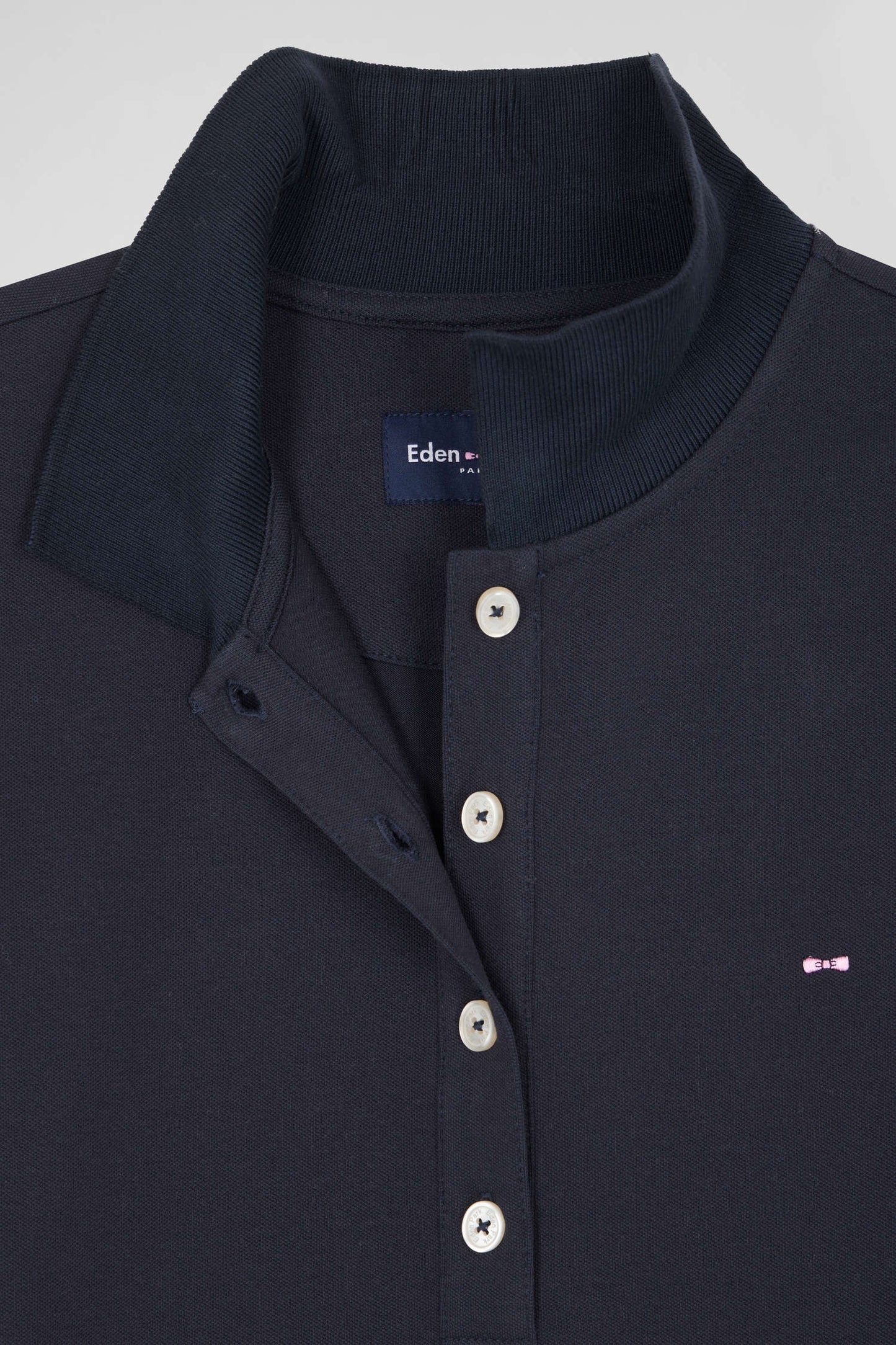 Slim navy blue plain stretch cotton short-sleeved polo shirt