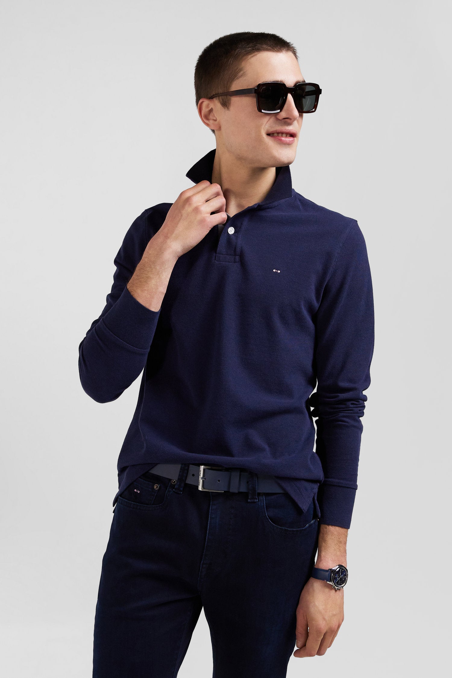 Long-sleeved navy blue cotton piqué polo shirt