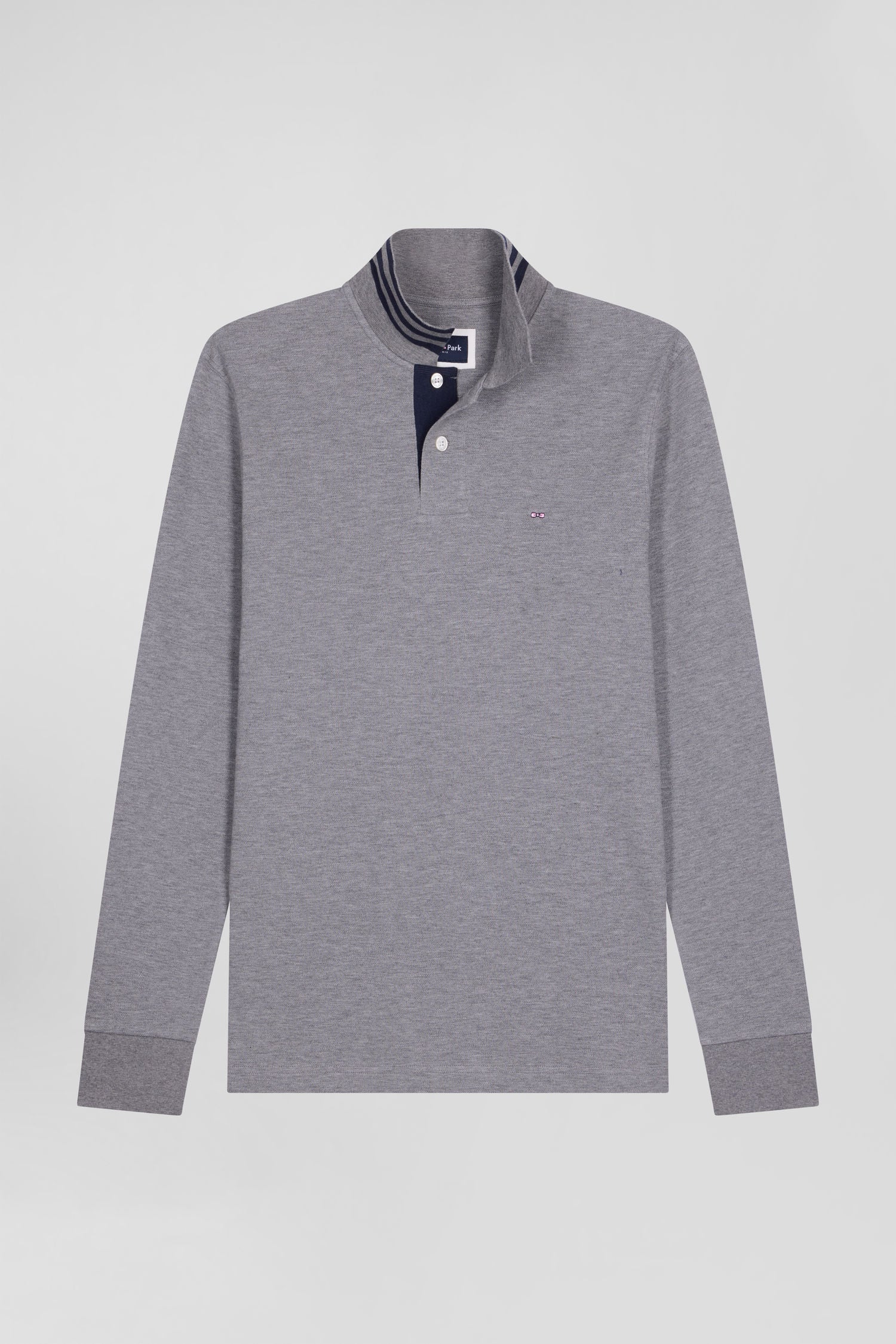 Long-sleeved grey cotton piqué polo shirt