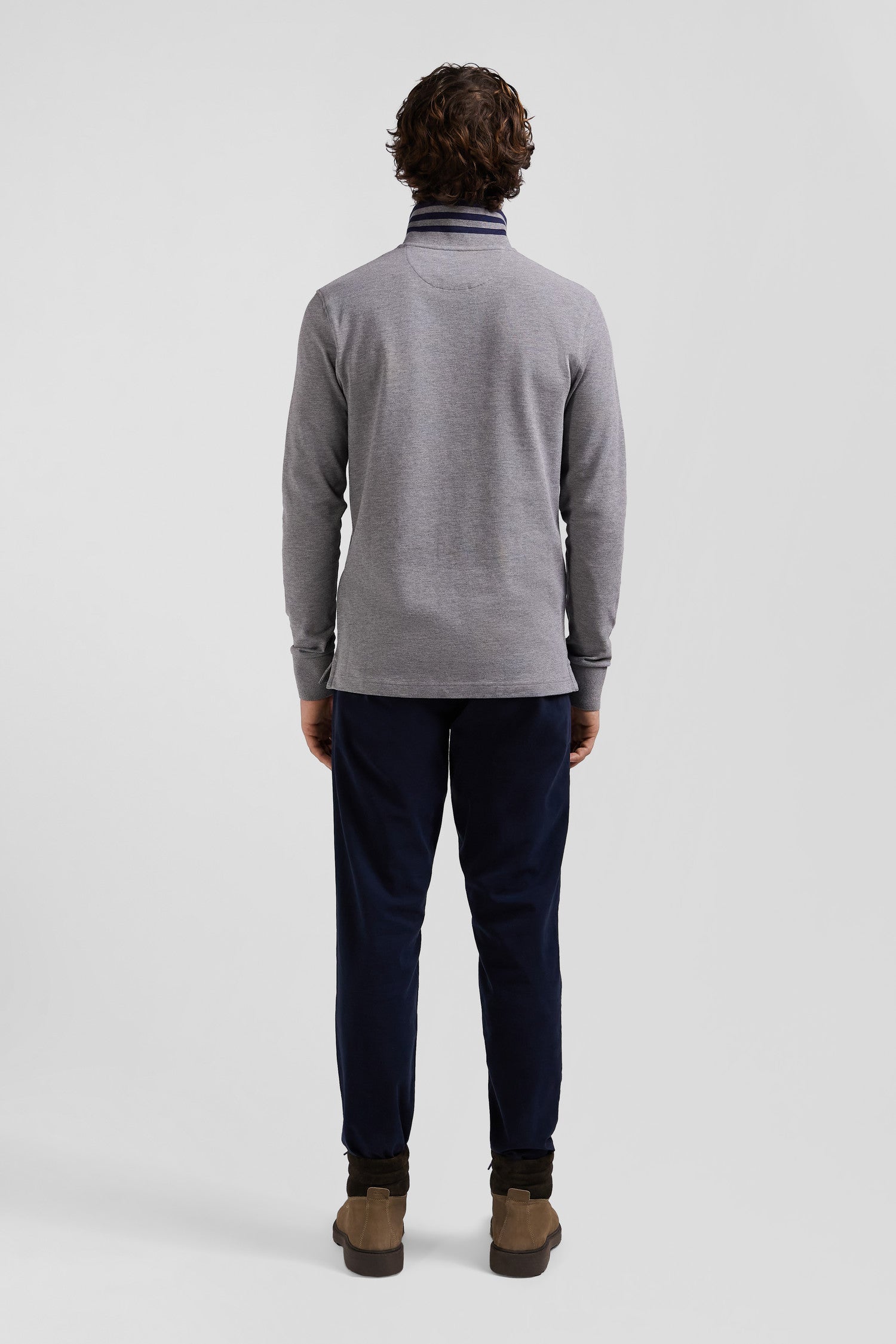 Long-sleeved grey cotton piqué polo shirt