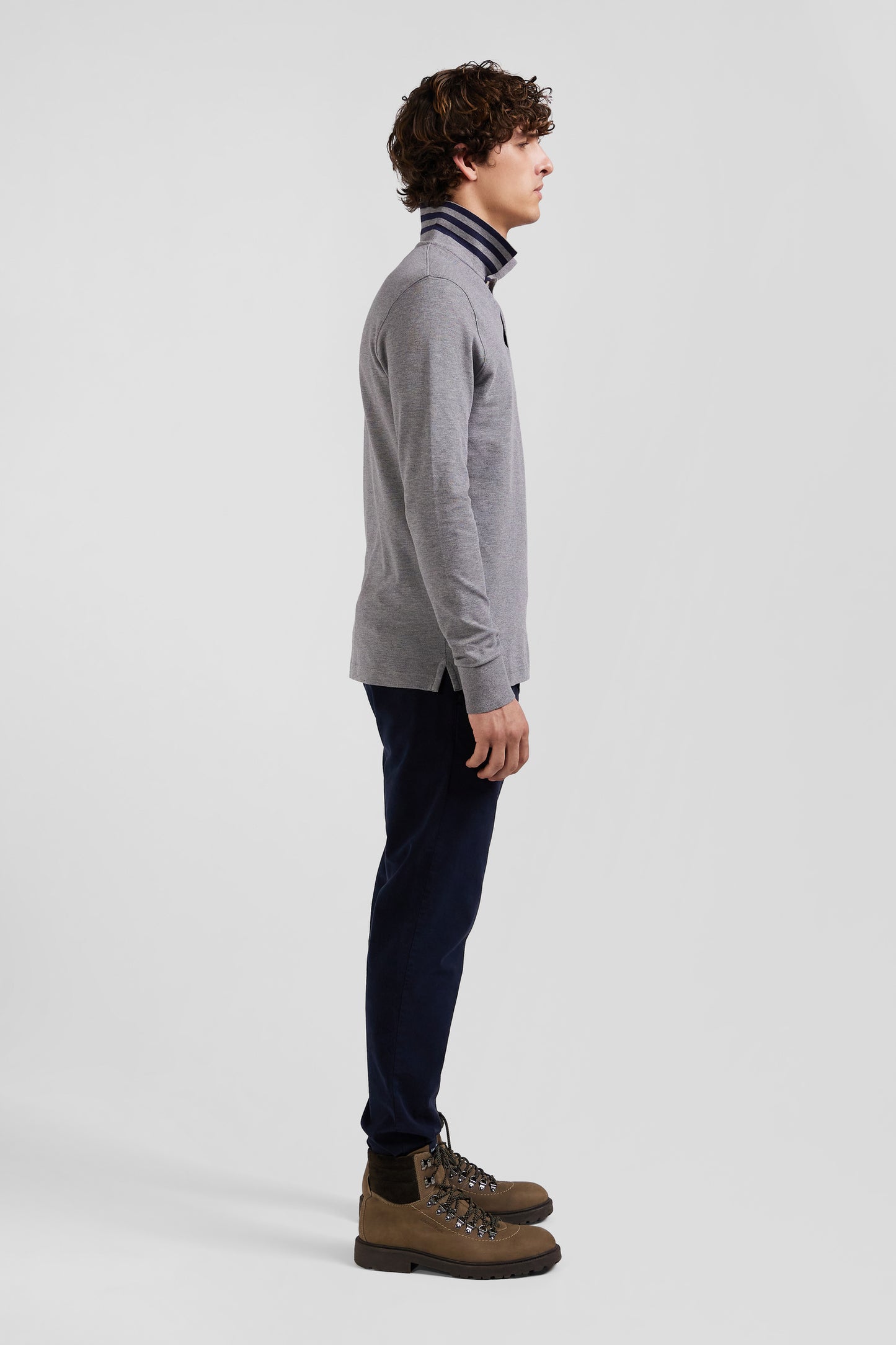 Long-sleeved grey cotton piqué polo shirt