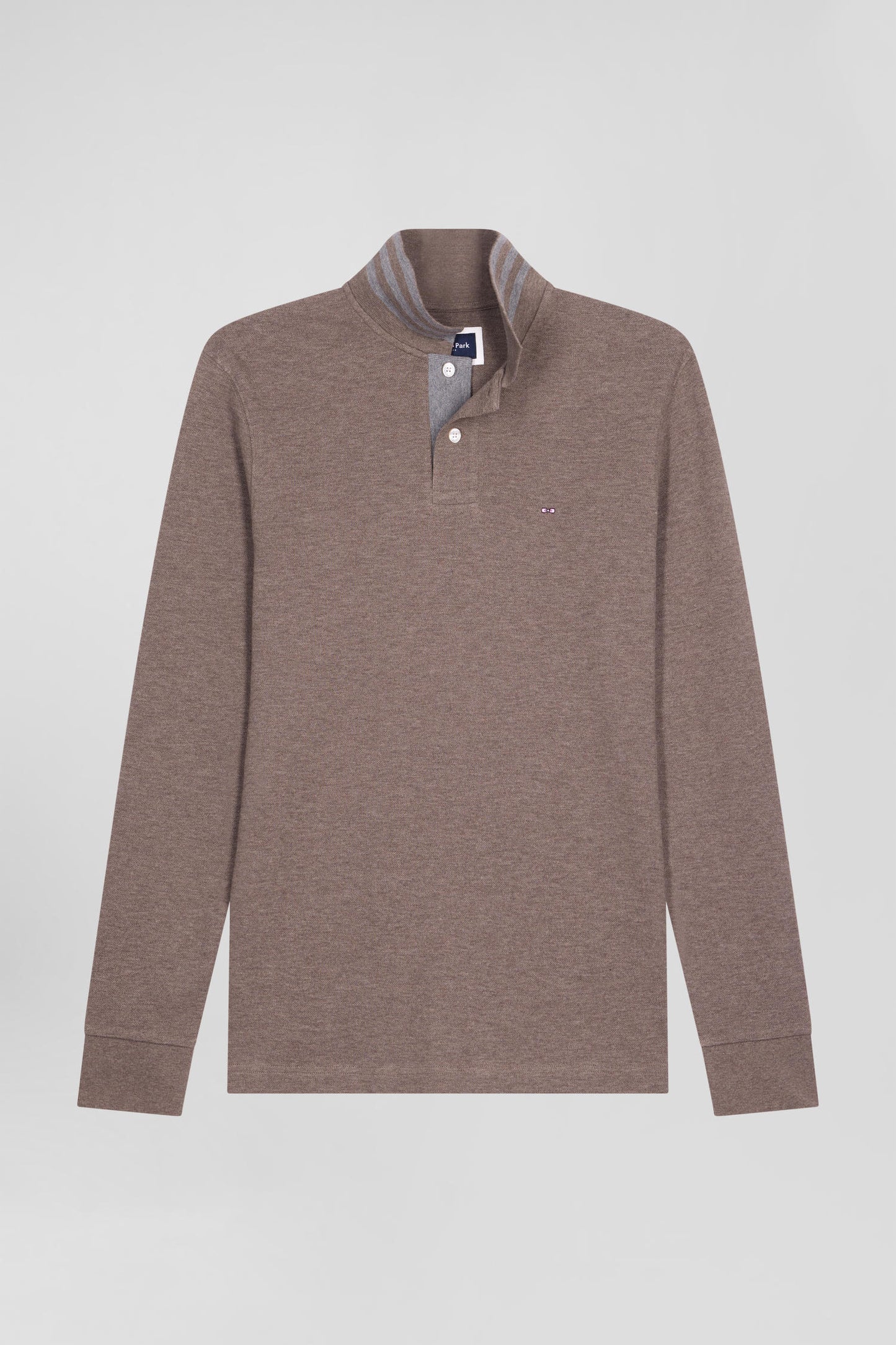 Long-sleeved brown cotton piqué polo shirt