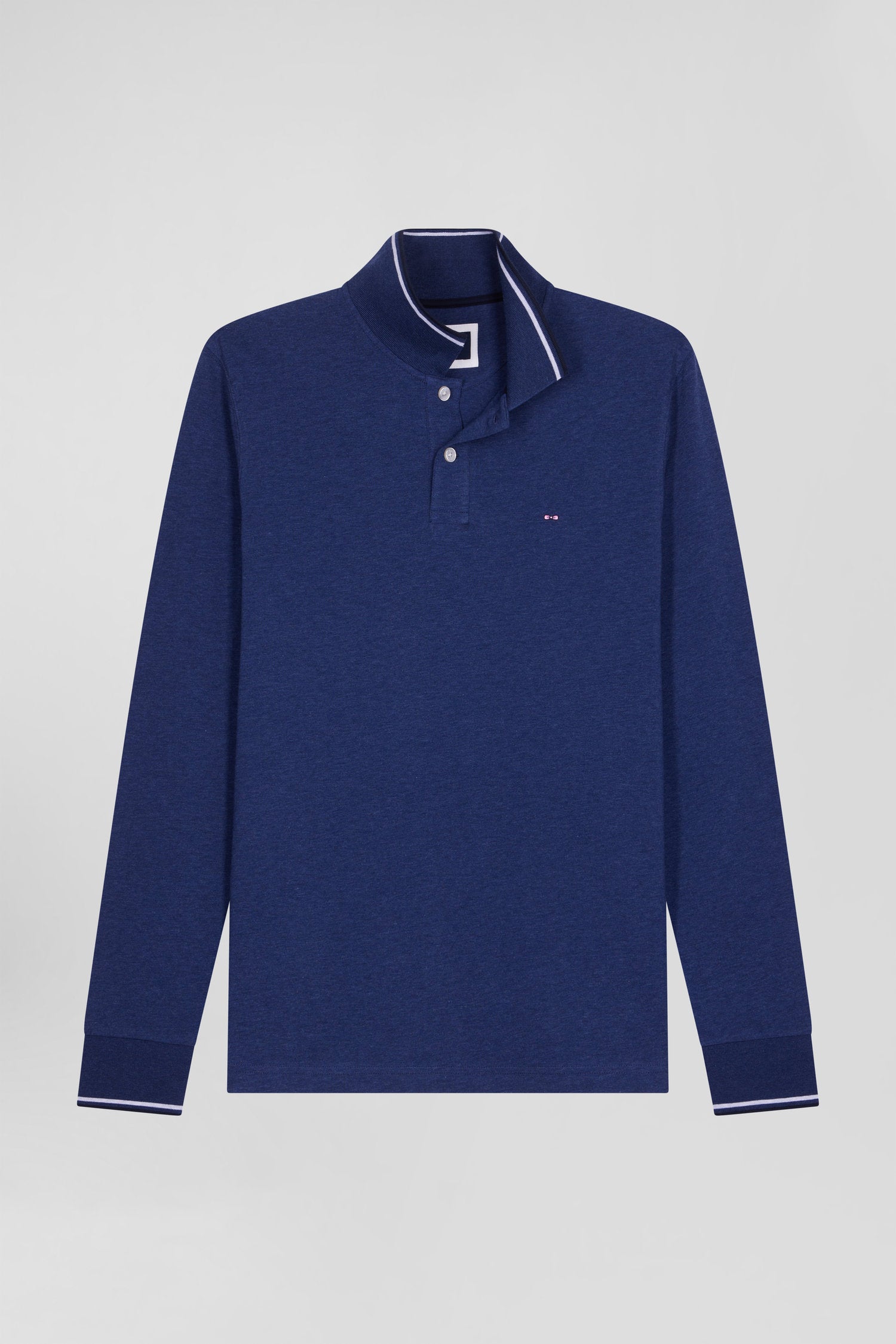 Slim dark blue long-sleeved stretch cotton polo shirt with striped finishes