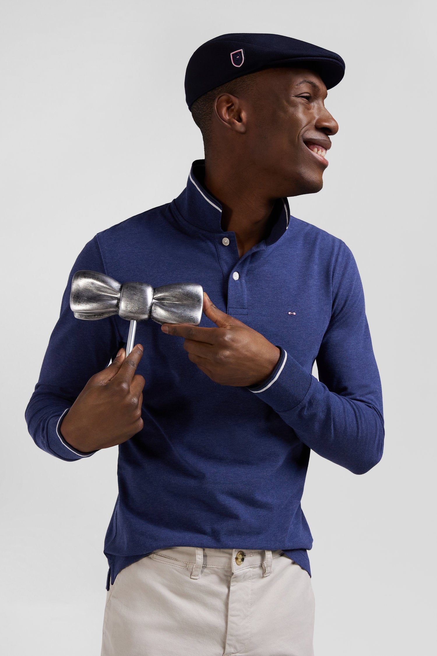 Slim dark blue long-sleeved stretch cotton polo shirt with striped finishes