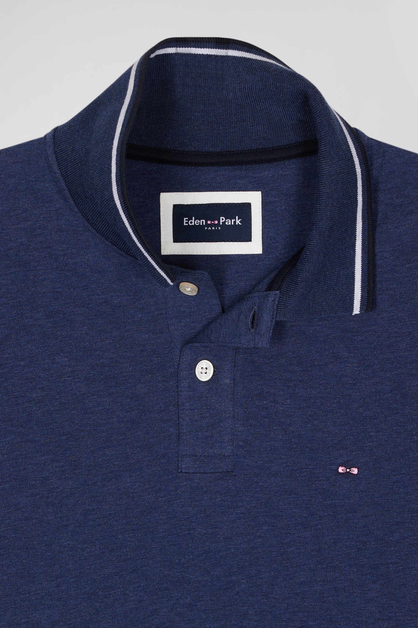 Slim dark blue long-sleeved stretch cotton polo shirt with striped finishes