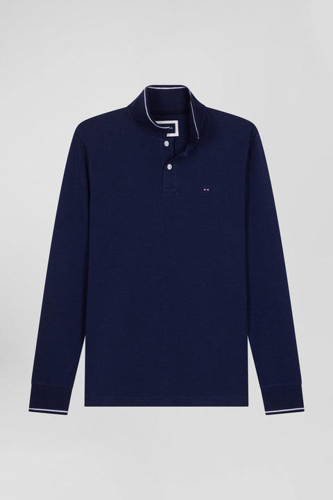 Slim navy blue long-sleeved stretch cotton polo shirt with striped finishes - Image 2