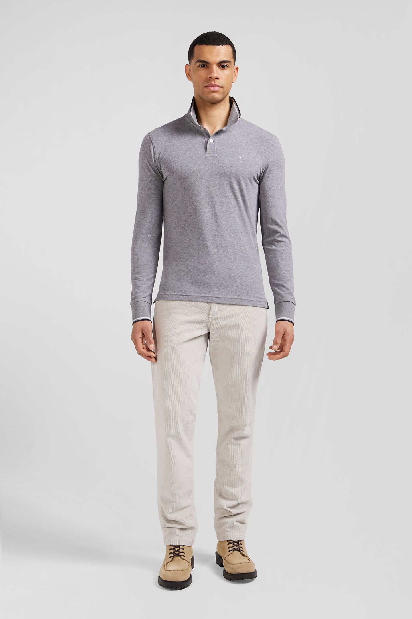 Slim grey long-sleeved stretch cotton polo shirt with striped finishes