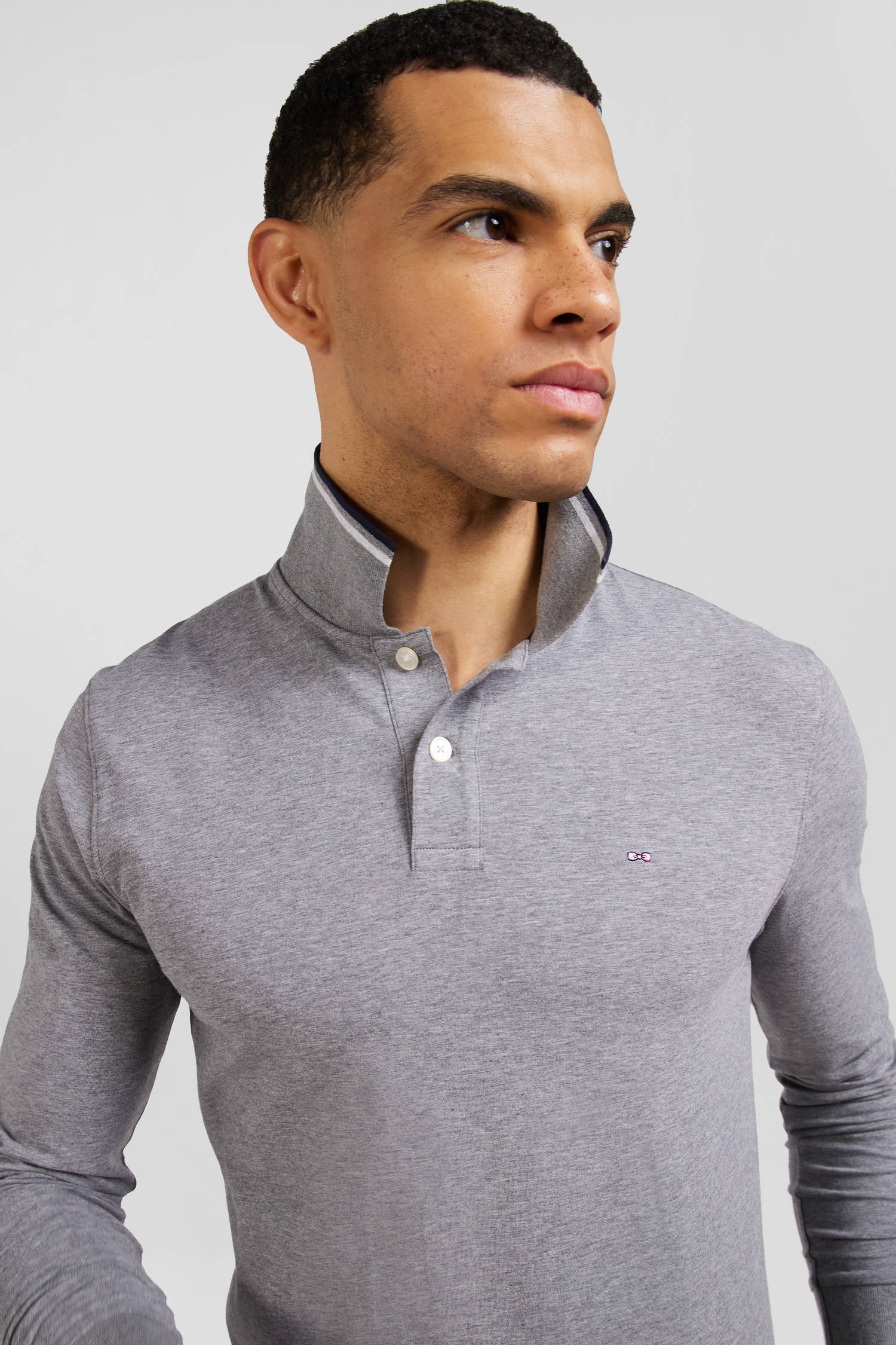 Slim grey long-sleeved stretch cotton polo shirt with striped finishes